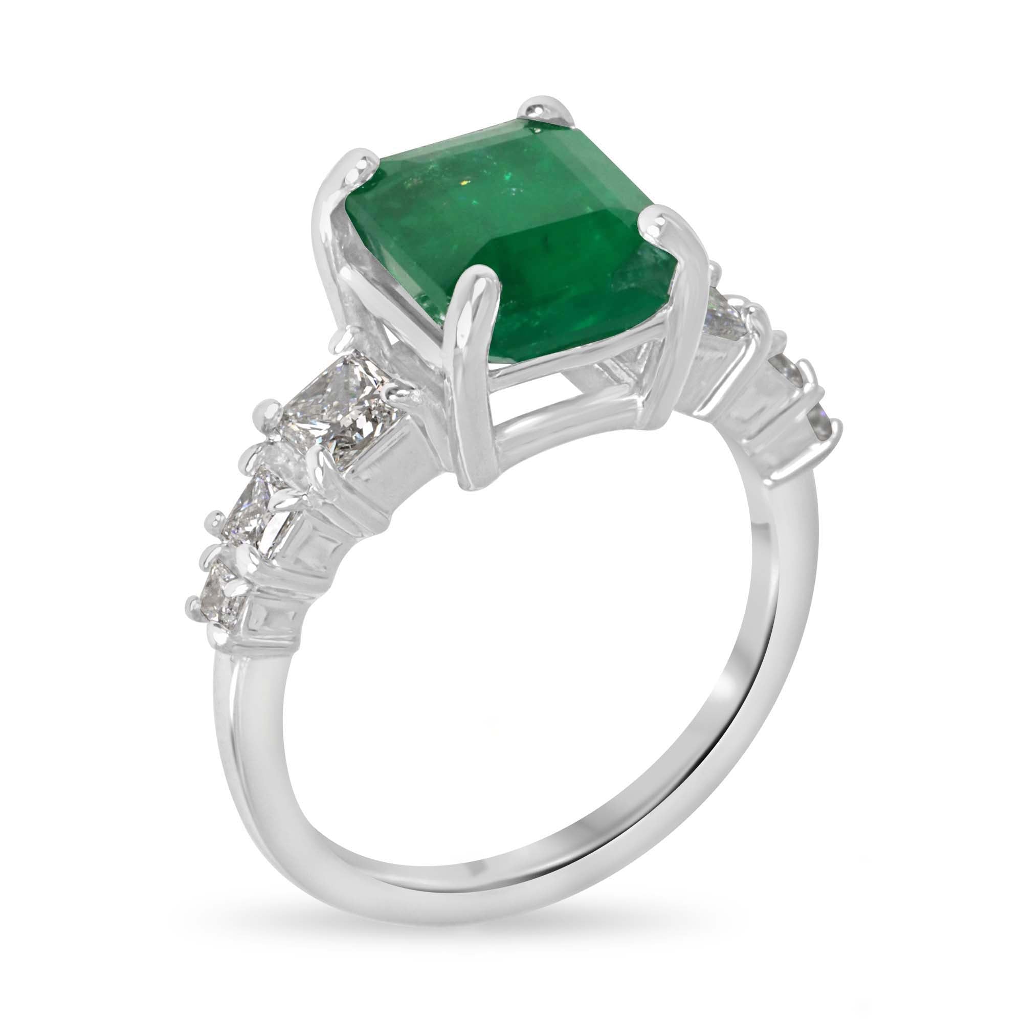 14K white gold engagement ring with 3.87tcw natural emerald and lab diamond accents, by JR Colombian Emeralds.