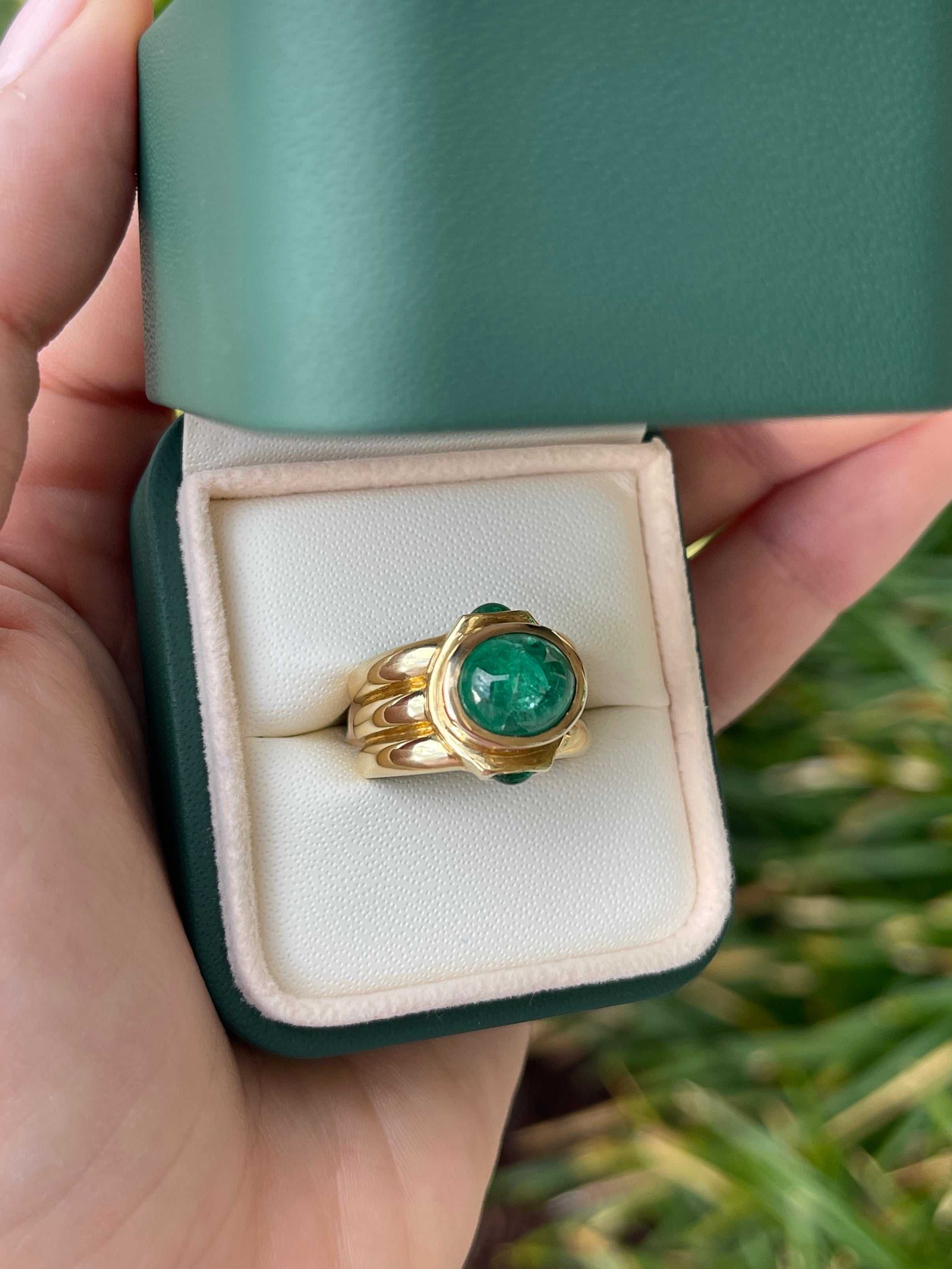 3.87tcw Natural Emerald Cabochon Three Stone Mens Ring 14K