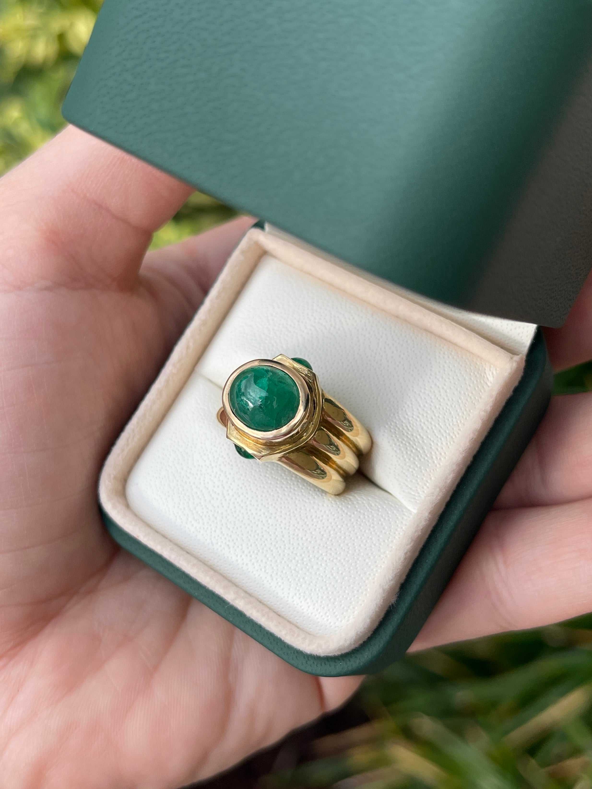 3.87tcw Natural Emerald Cabochon Three Stone Mens Ring 14K