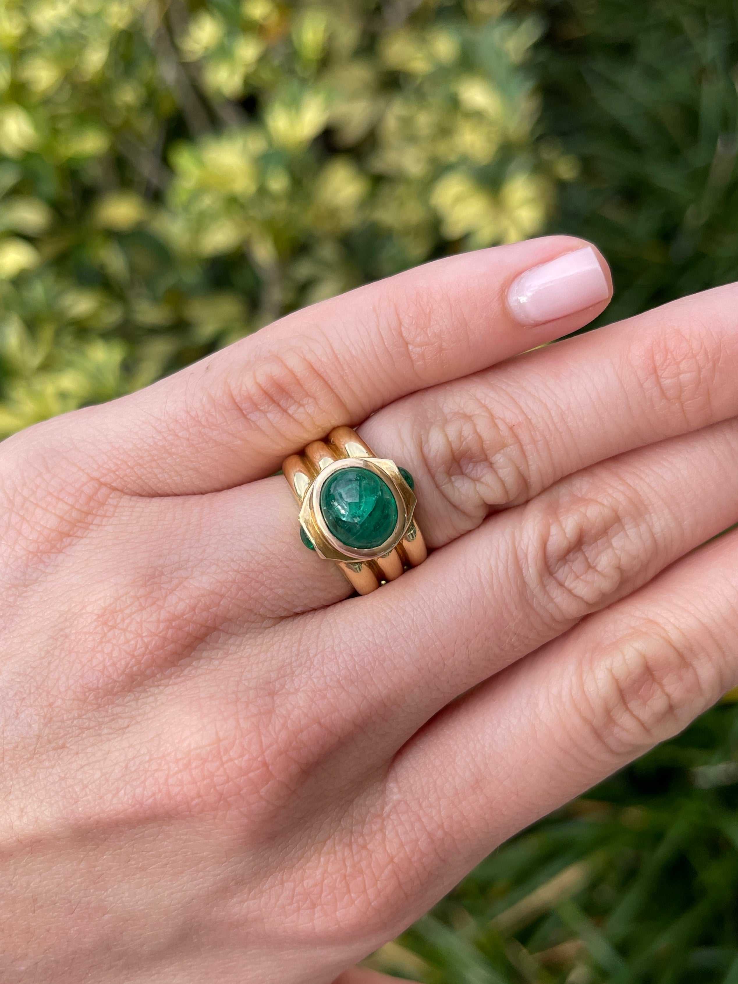 3.87tcw Natural Emerald Cabochon Three Stone Mens Ring 14K