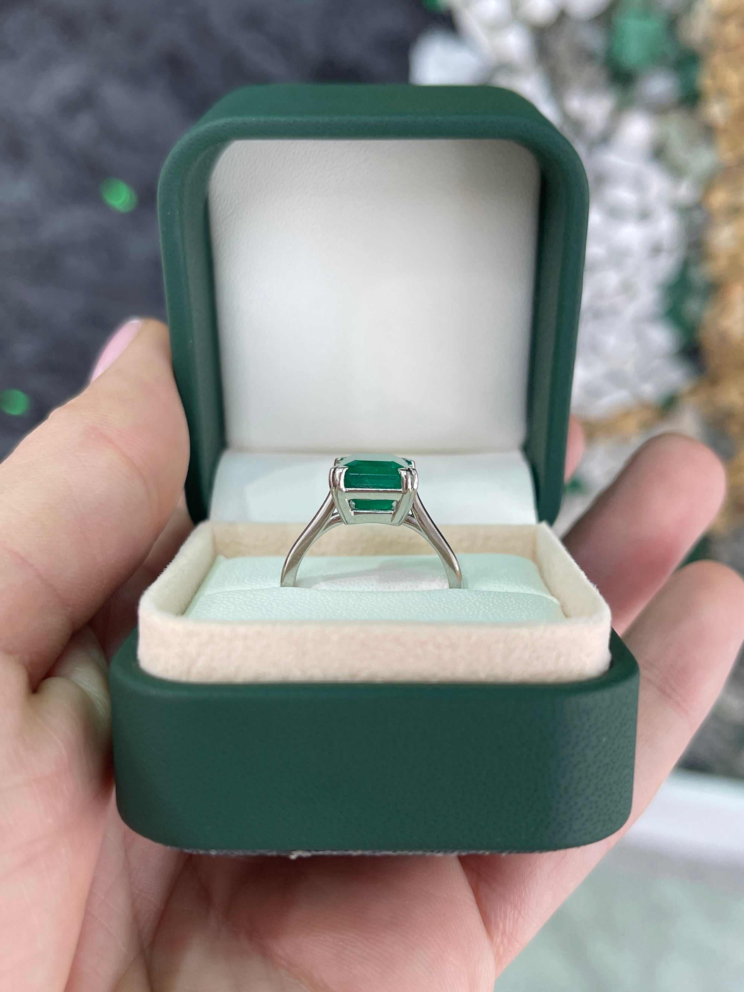 4.20ct Platinum Deep Rich Green Colombian Emerald Cut Emerald Solitaire Engagement Ring - JR Colombian Emeralds