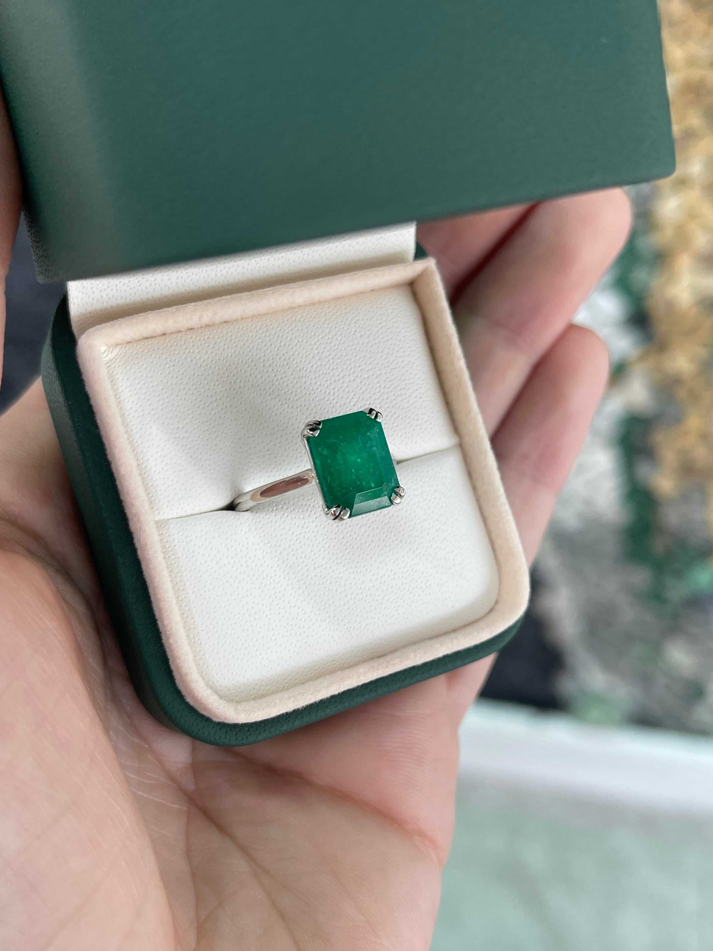 4.20ct Platinum Deep Rich Green Colombian Emerald Cut Emerald Solitaire Engagement Ring - JR Colombian Emeralds