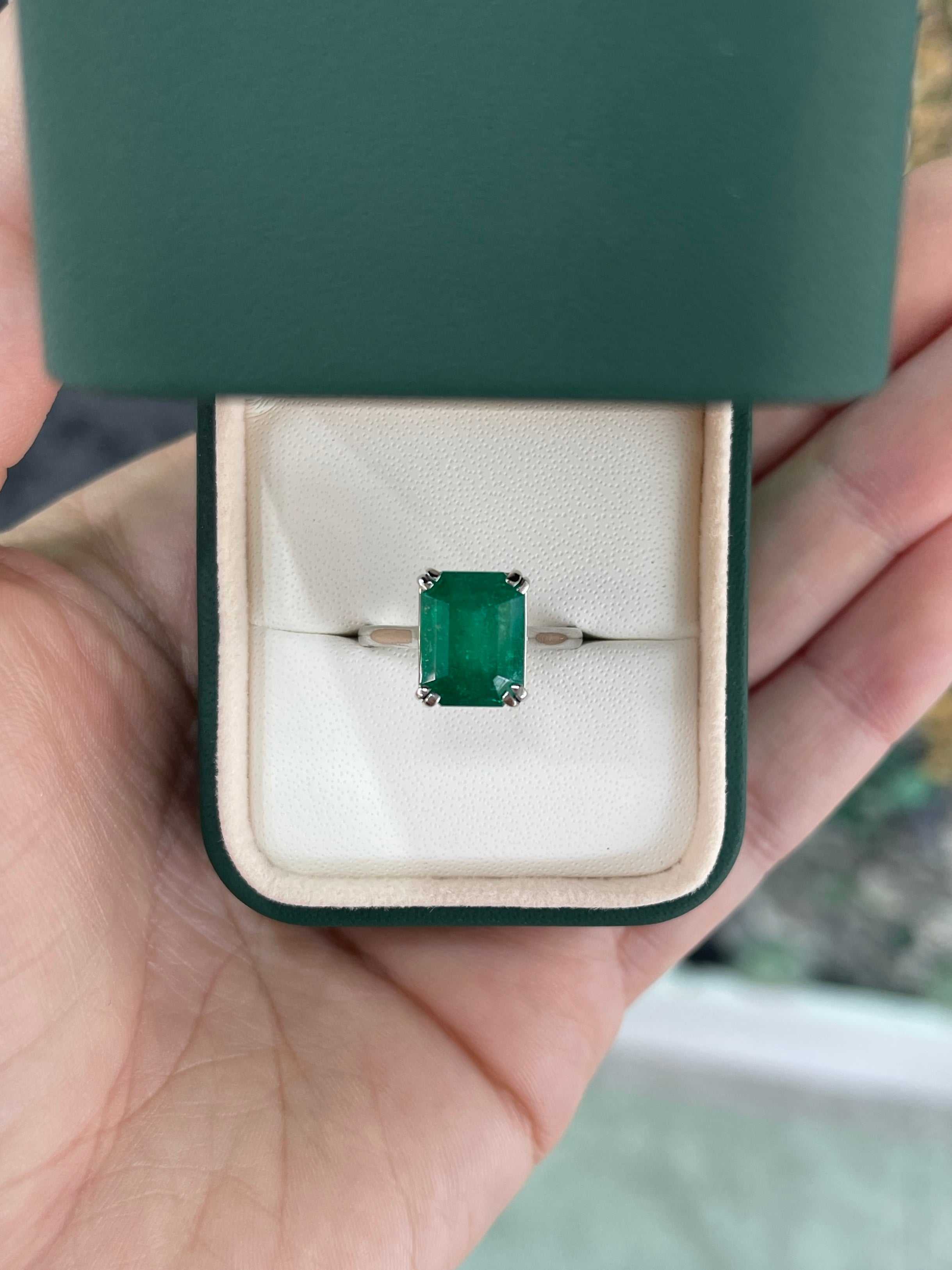 4.20ct Platinum Deep Rich Green Colombian Emerald Cut Emerald Solitaire Engagement Ring - JR Colombian Emeralds