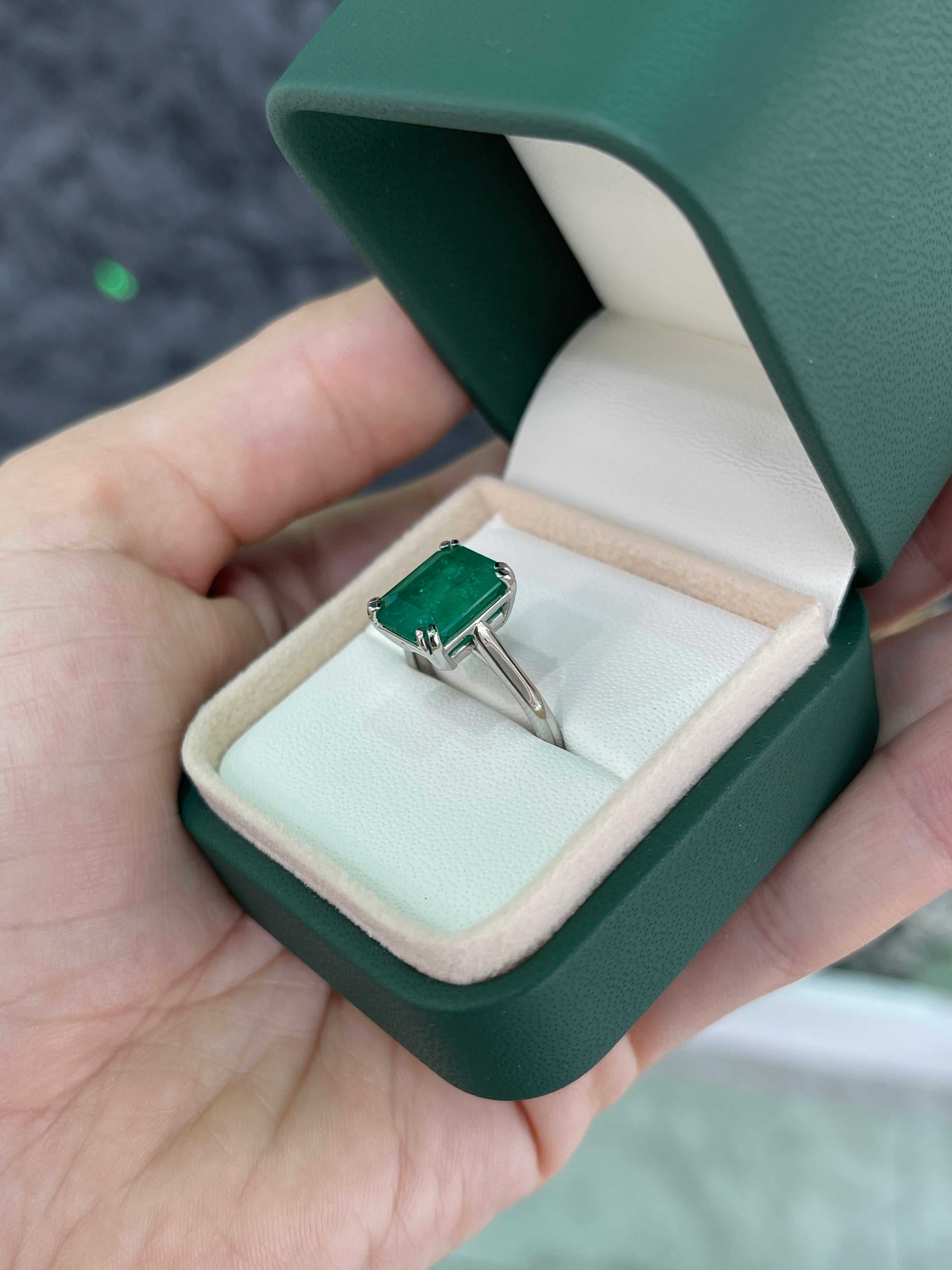 4.20ct Platinum Deep Rich Green Colombian Emerald Cut Emerald Solitaire Engagement Ring - JR Colombian Emeralds