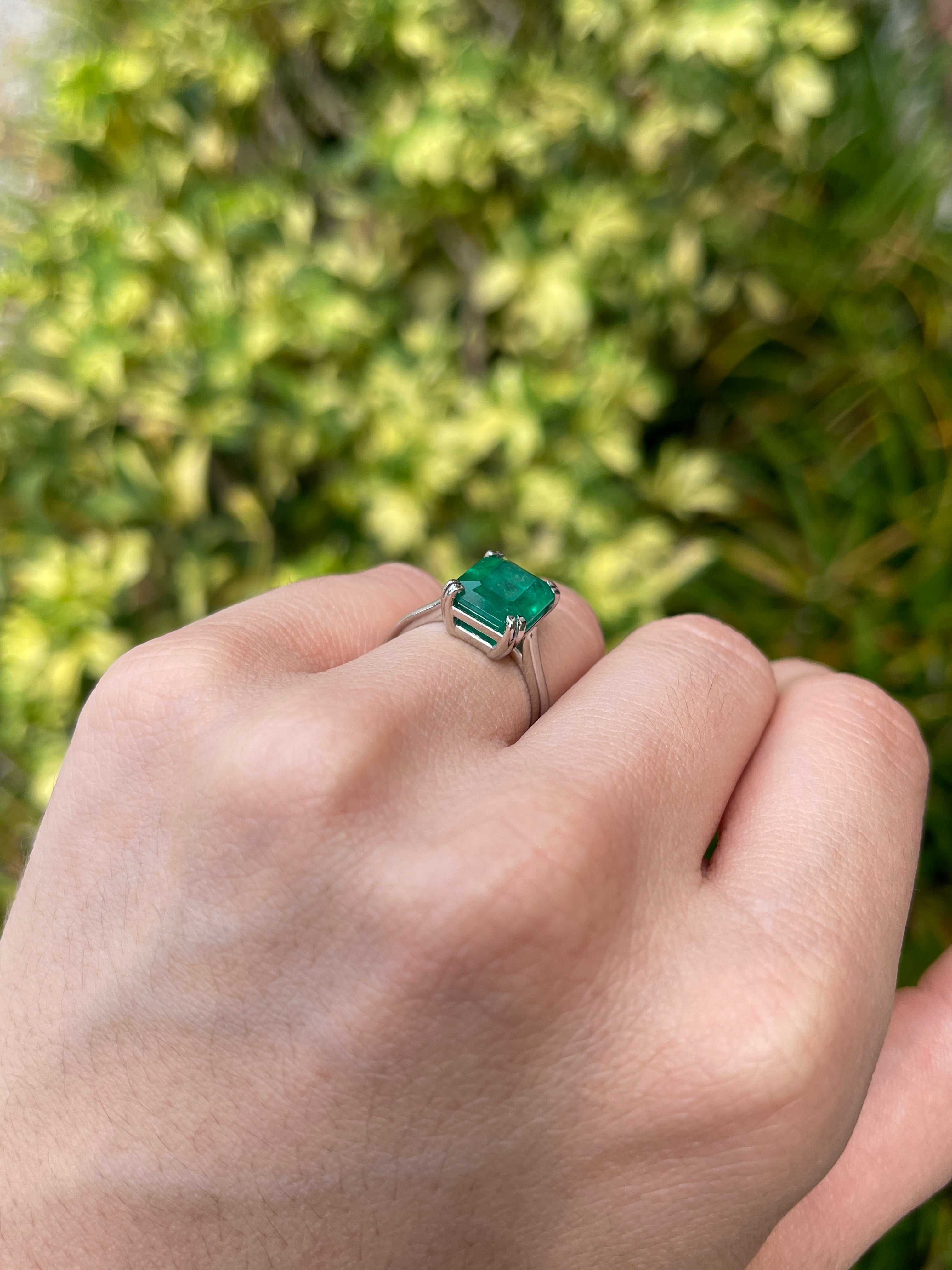 4.20ct Platinum Deep Rich Green Colombian Emerald Cut Emerald Solitaire Engagement Ring - JR Colombian Emeralds