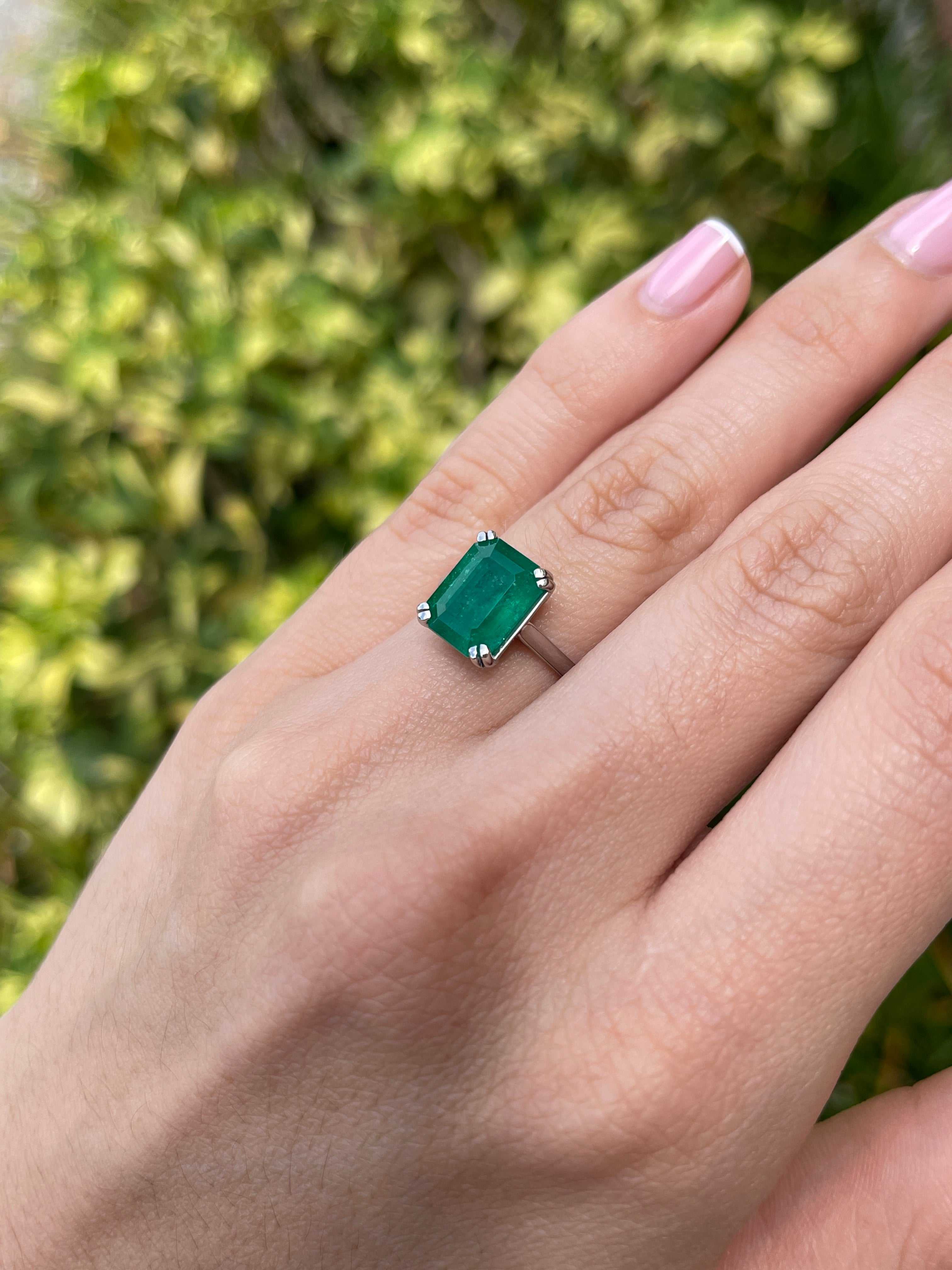 4.20ct Platinum Deep Rich Green Colombian Emerald Cut Emerald Solitaire Engagement Ring - JR Colombian Emeralds