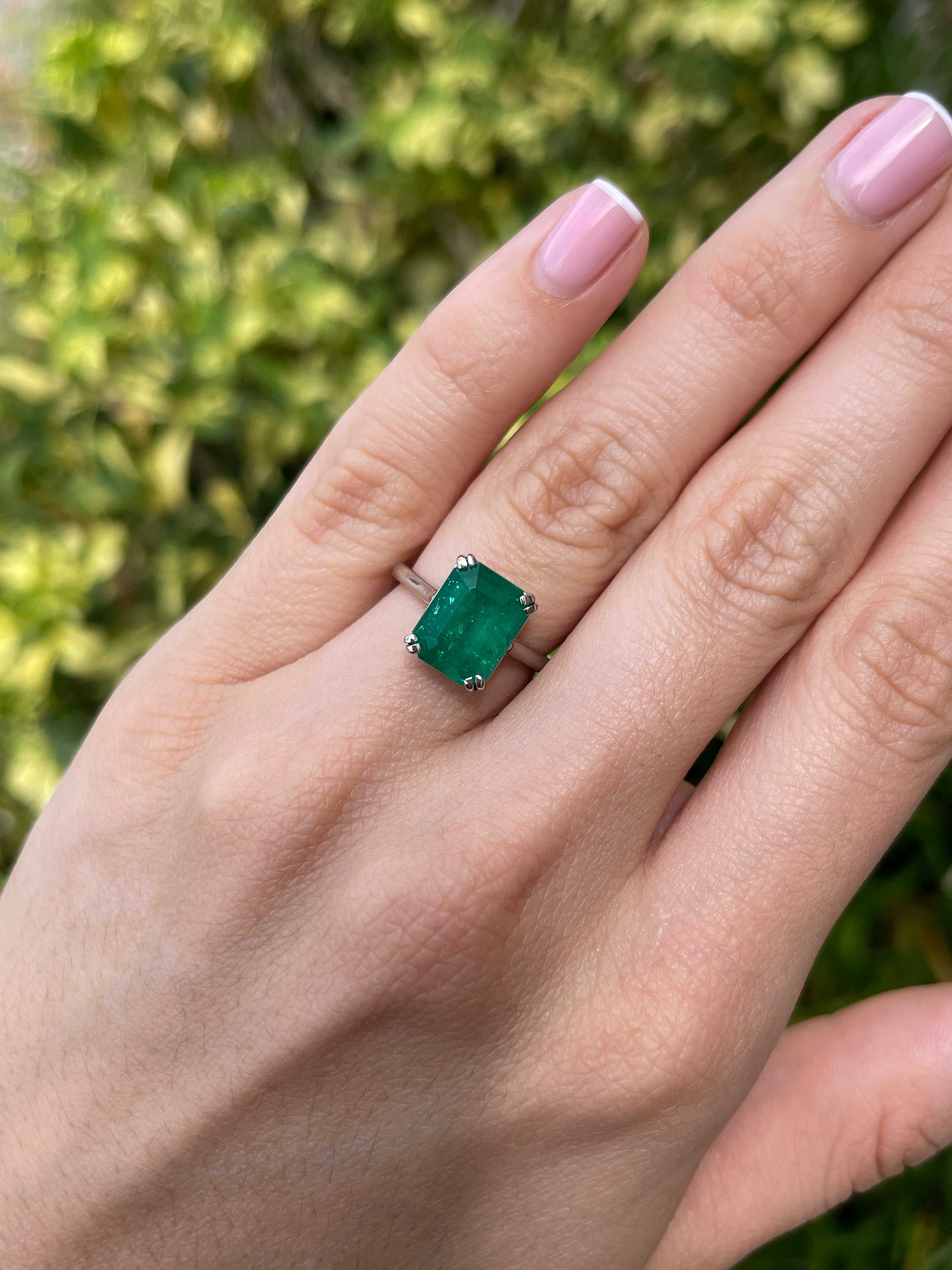4.20ct Platinum Deep Rich Green Colombian Emerald Cut Emerald Solitaire Engagement Ring - JR Colombian Emeralds