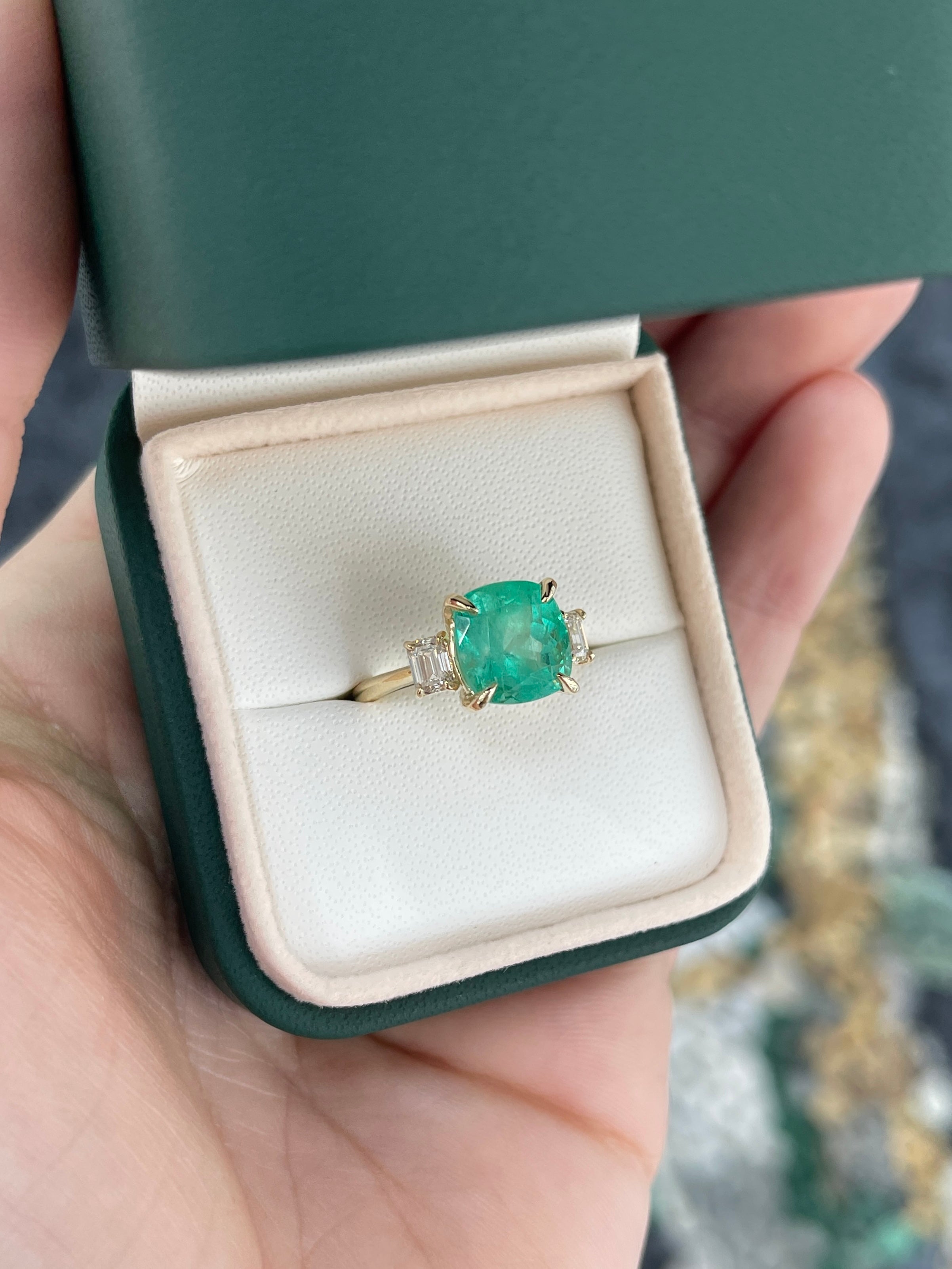4.40tcw 14K Colombian Vivid Medium Green Cushion Cut Emerald & Emerald Cut Diamond Three Stone Ring - JR Colombian Emeralds