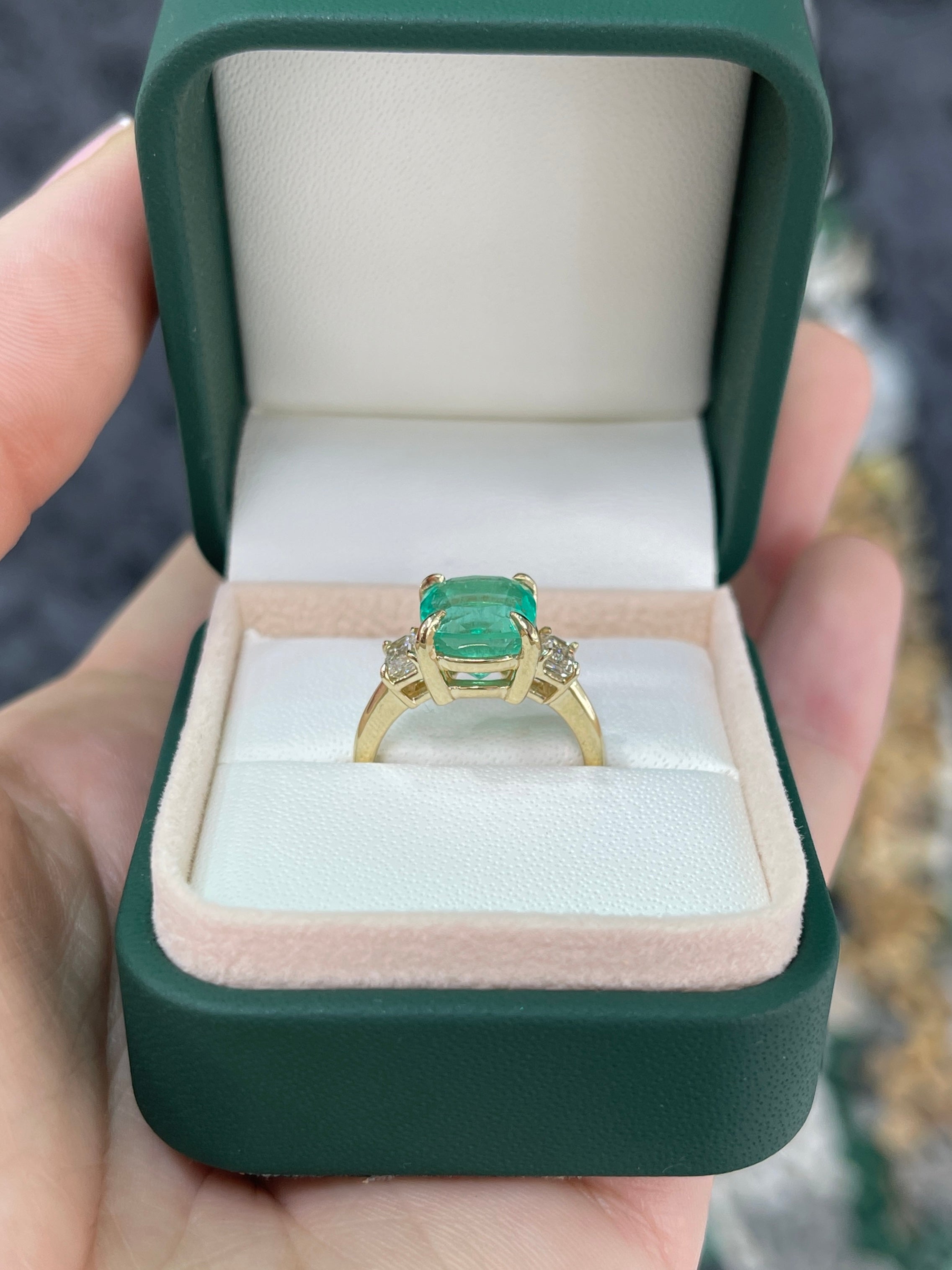 4.40tcw 14K Colombian Vivid Medium Green Cushion Cut Emerald & Emerald Cut Diamond Three Stone Ring - JR Colombian Emeralds