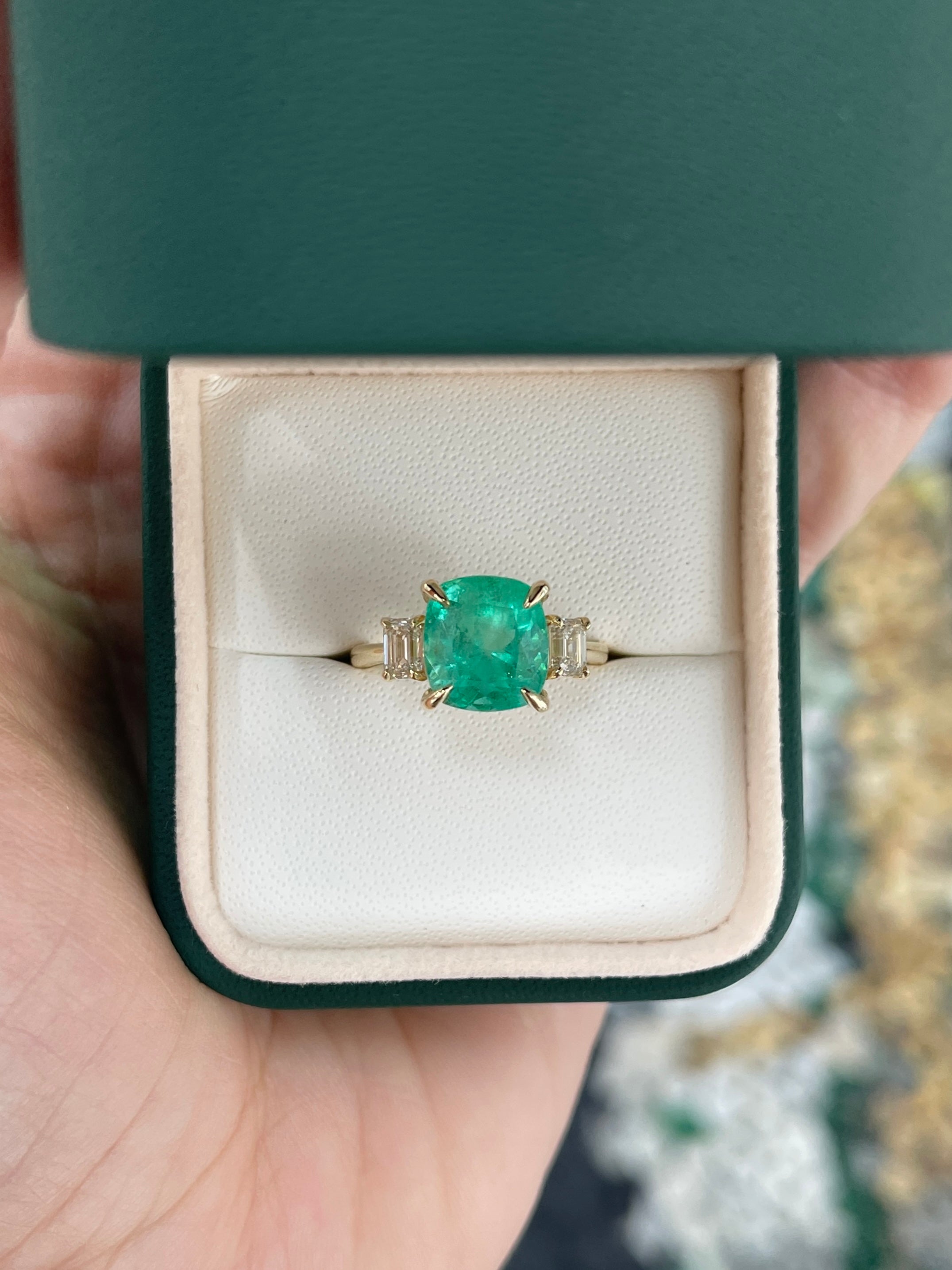 4.40tcw 14K Colombian Vivid Medium Green Cushion Cut Emerald & Emerald Cut Diamond Three Stone Ring - JR Colombian Emeralds