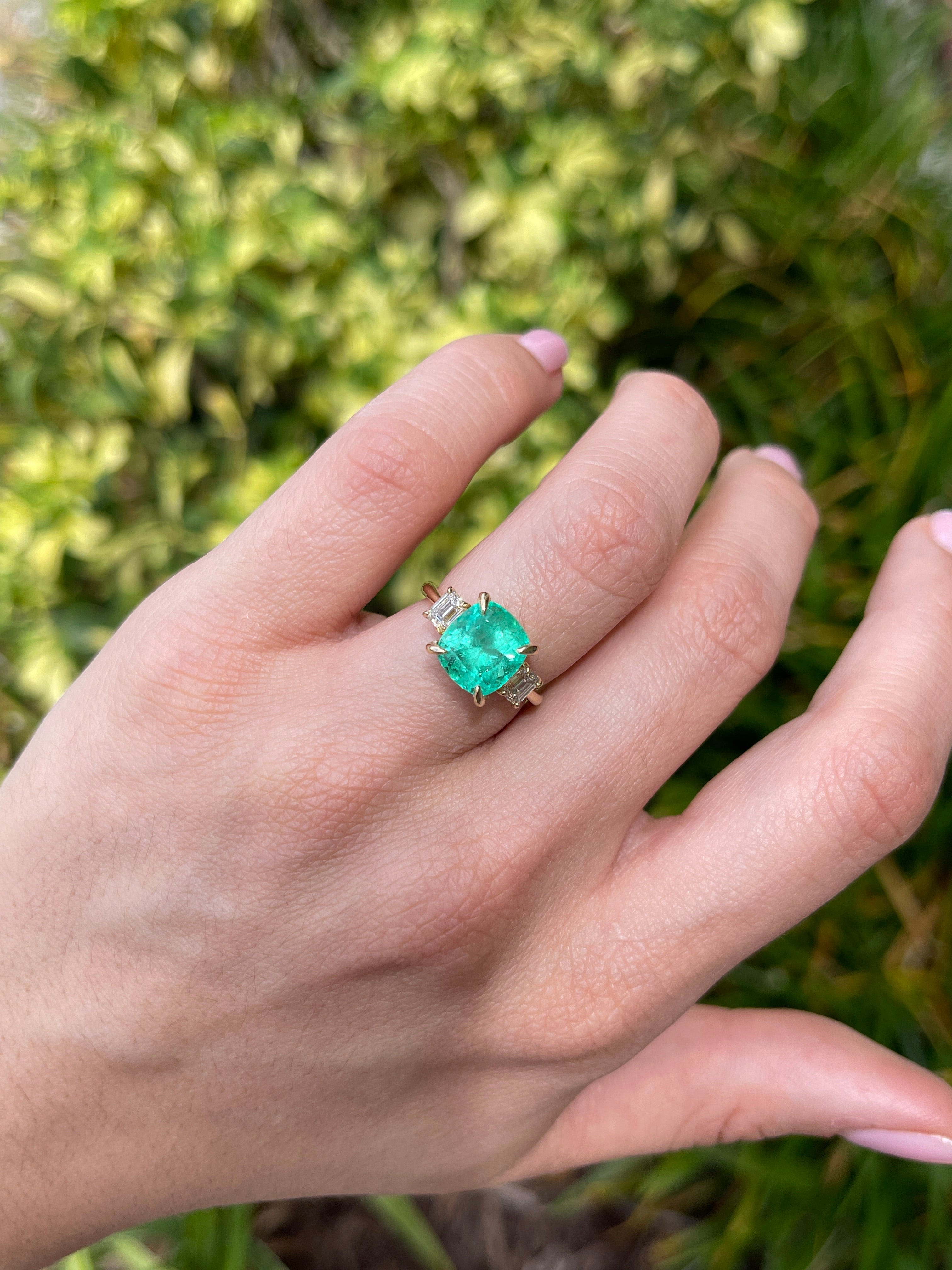 4.40tcw 14K Colombian Vivid Medium Green Cushion Cut Emerald & Emerald Cut Diamond Three Stone Ring - JR Colombian Emeralds