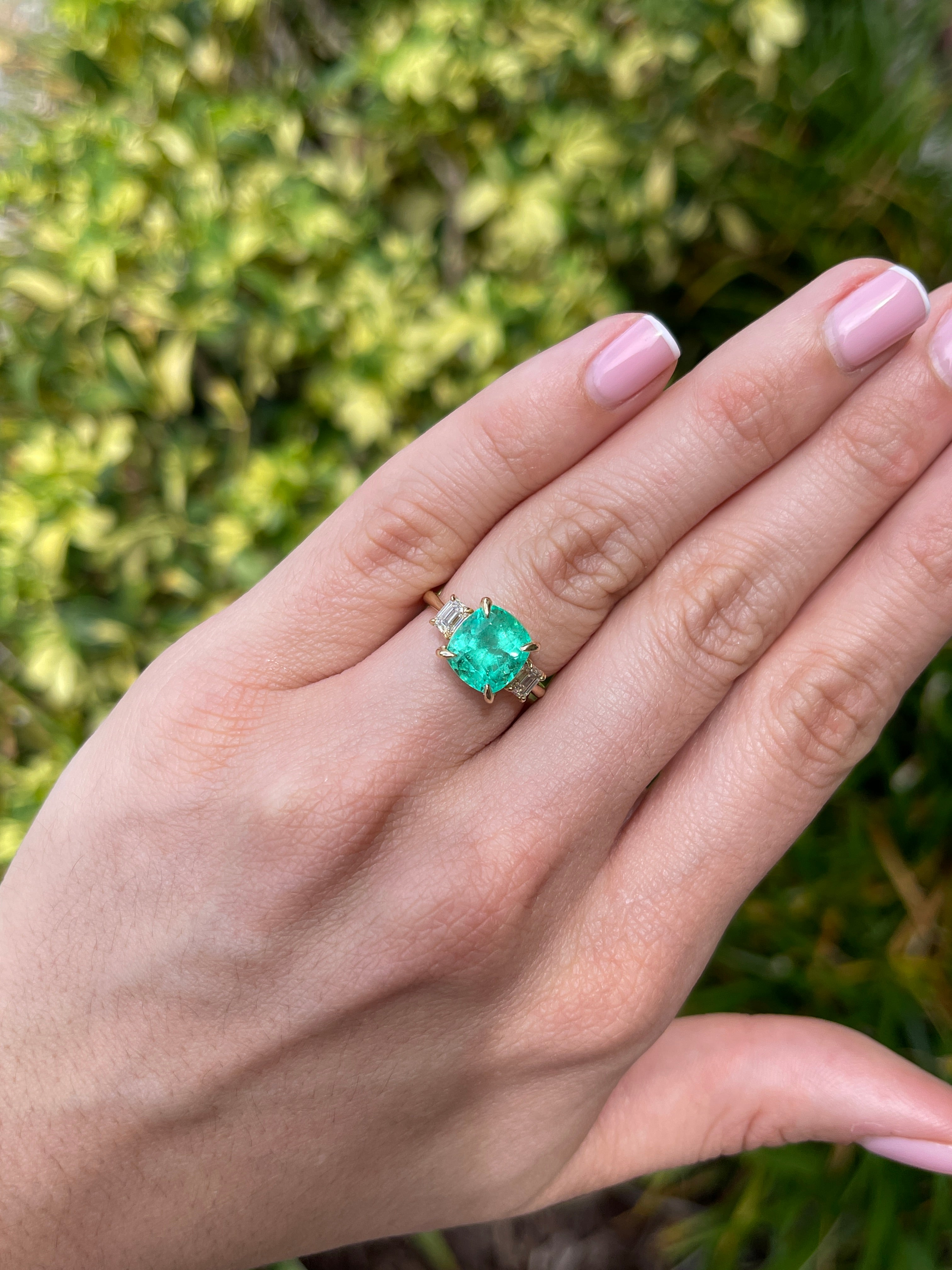 4.40tcw 14K Colombian Vivid Medium Green Cushion Cut Emerald & Emerald Cut Diamond Three Stone Ring - JR Colombian Emeralds
