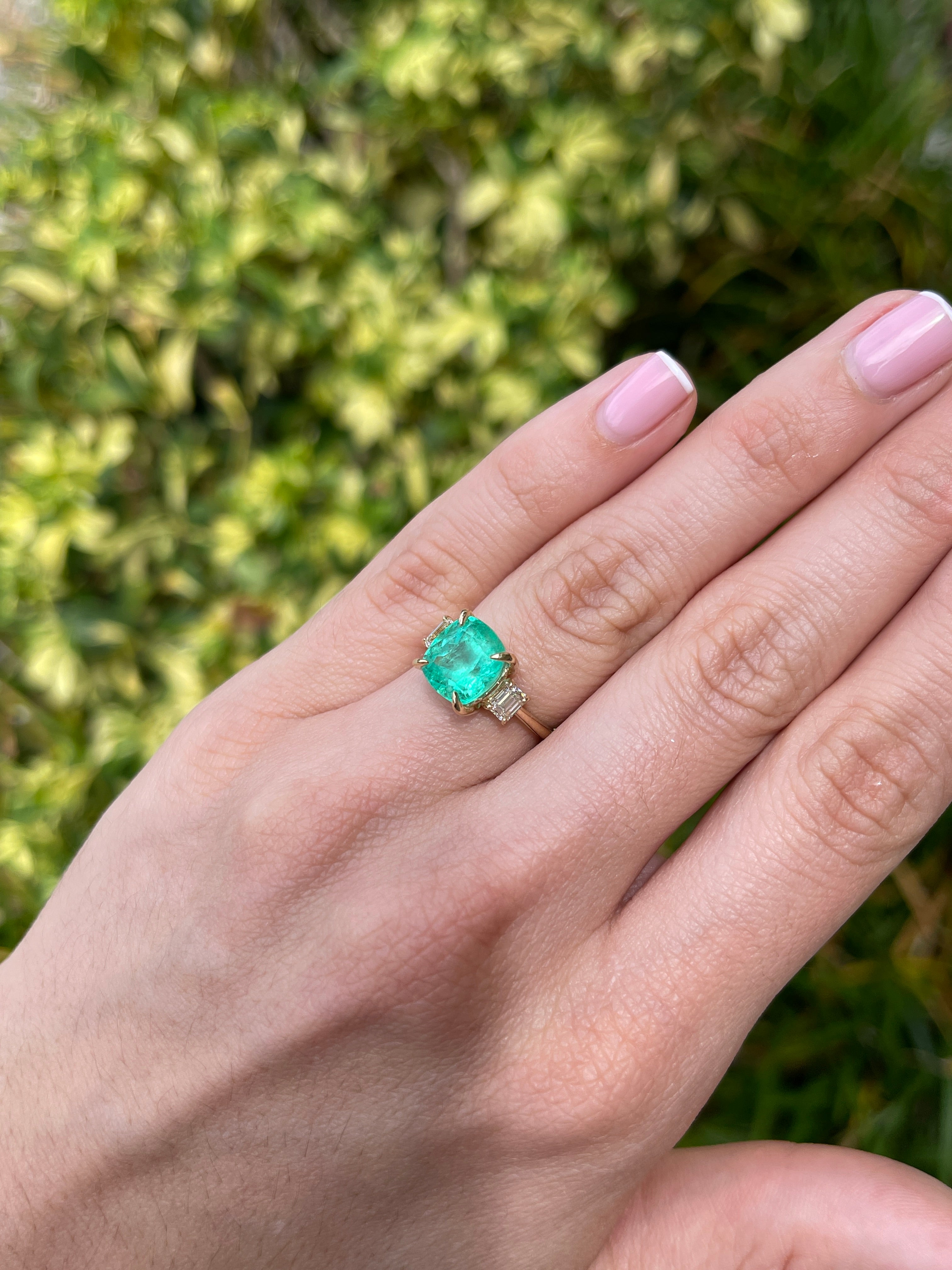 4.40tcw 14K Colombian Vivid Medium Green Cushion Cut Emerald & Emerald Cut Diamond Three Stone Ring - JR Colombian Emeralds