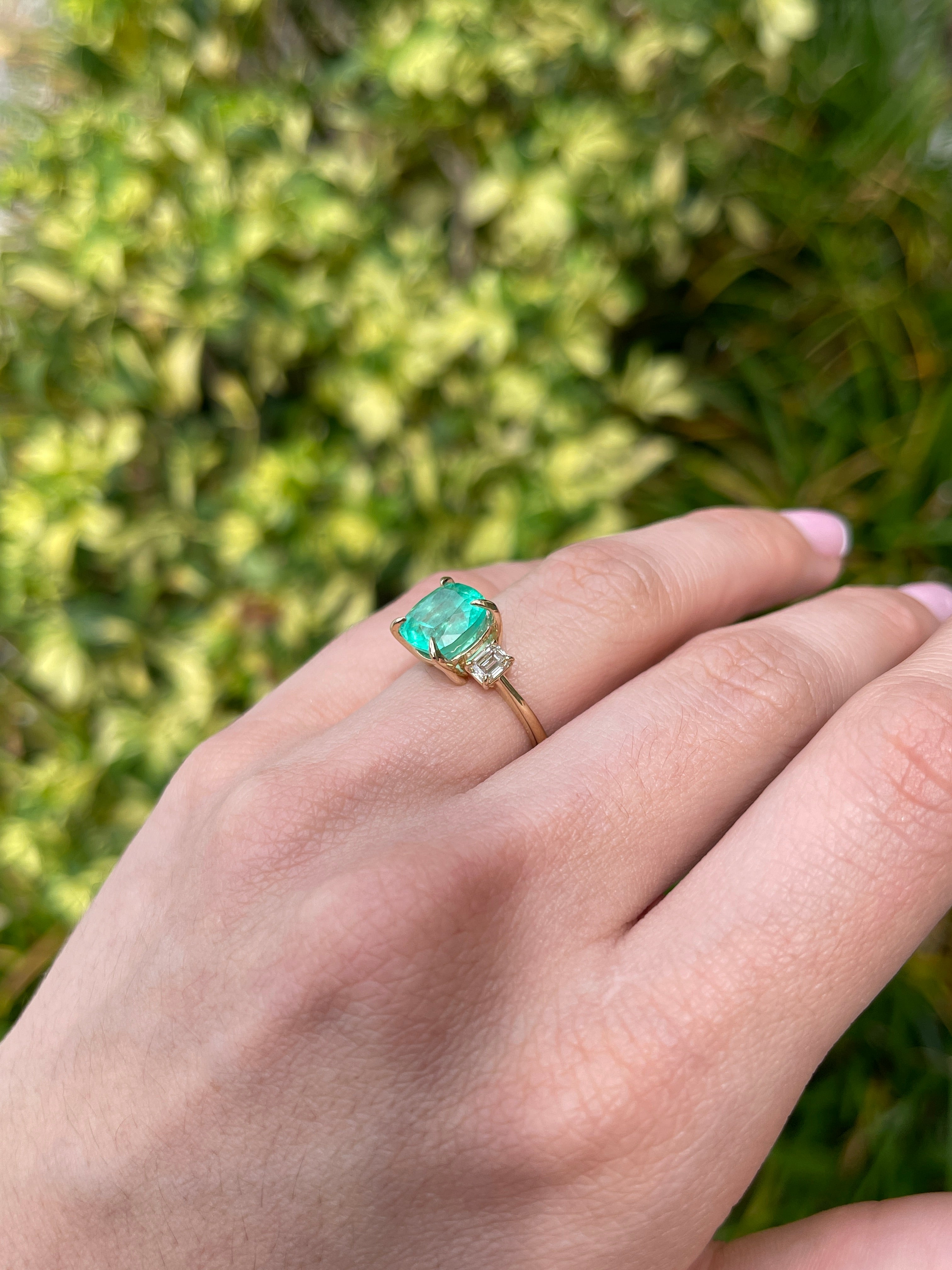 4.40tcw 14K Colombian Vivid Medium Green Cushion Cut Emerald & Emerald Cut Diamond Three Stone Ring - JR Colombian Emeralds