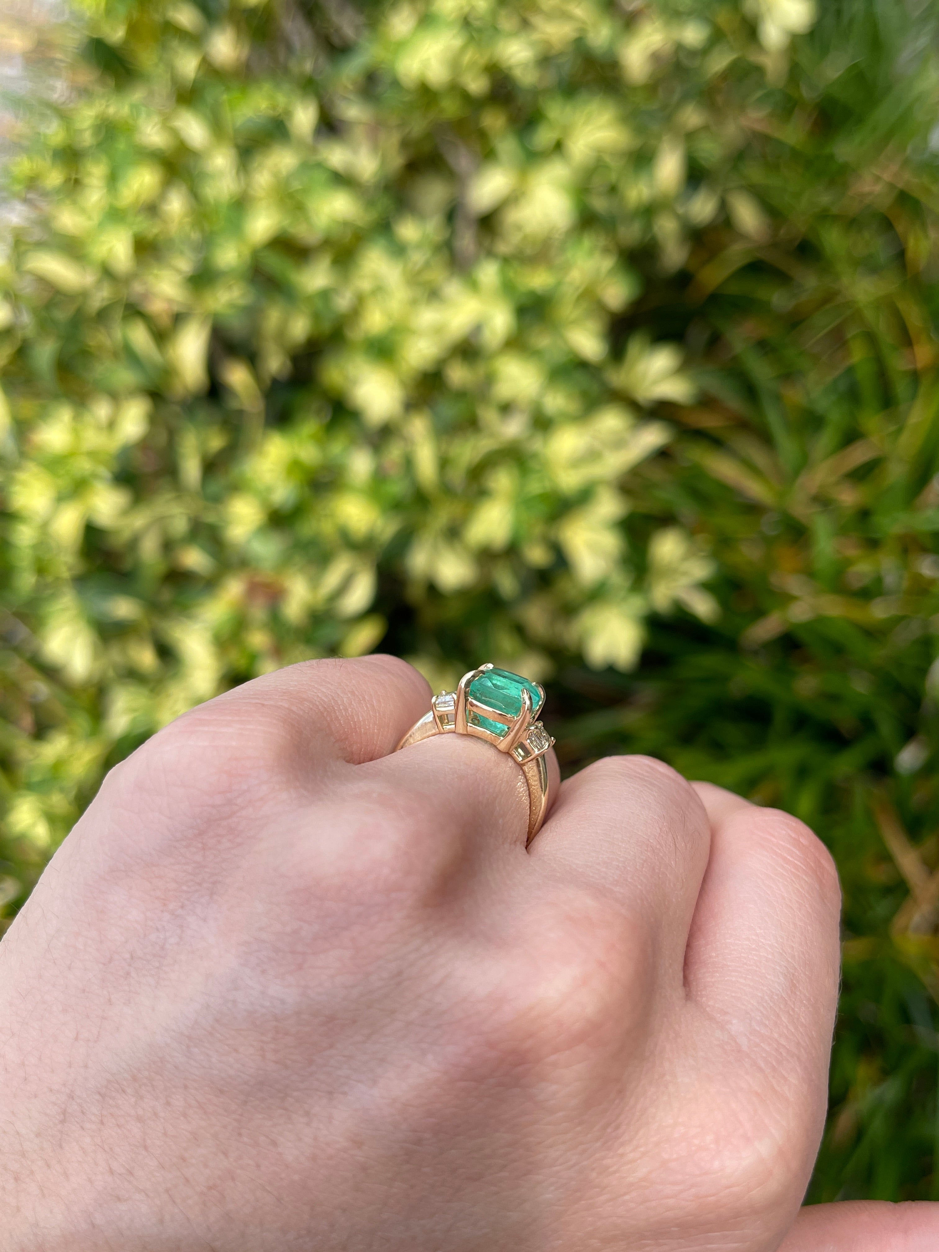 4.40tcw 14K Colombian Vivid Medium Green Cushion Cut Emerald & Emerald Cut Diamond Three Stone Ring - JR Colombian Emeralds