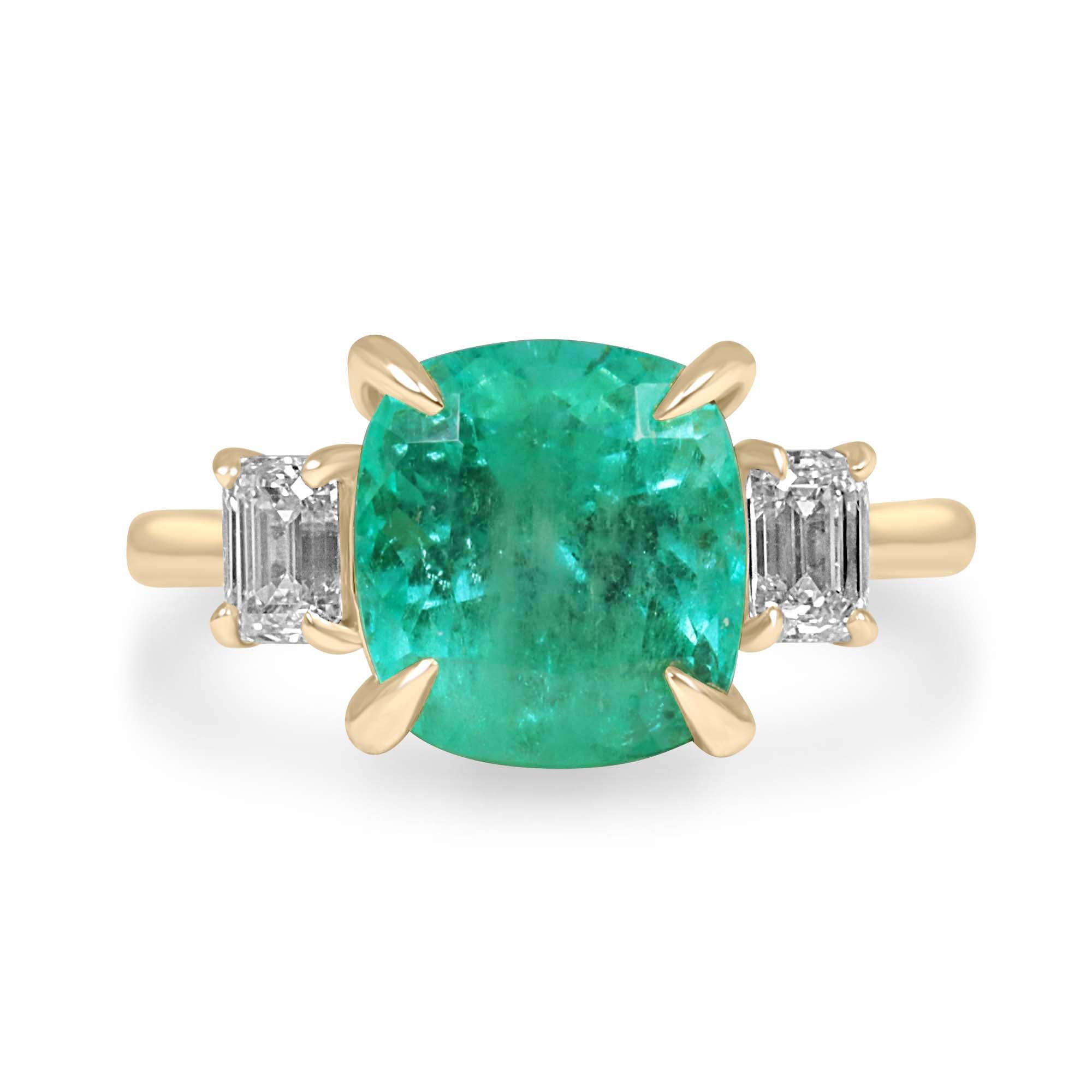4.40tcw 14K Colombian Vivid Medium Green Cushion Cut Emerald & Emerald Cut Diamond Three Stone Ring - JR Colombian Emeralds