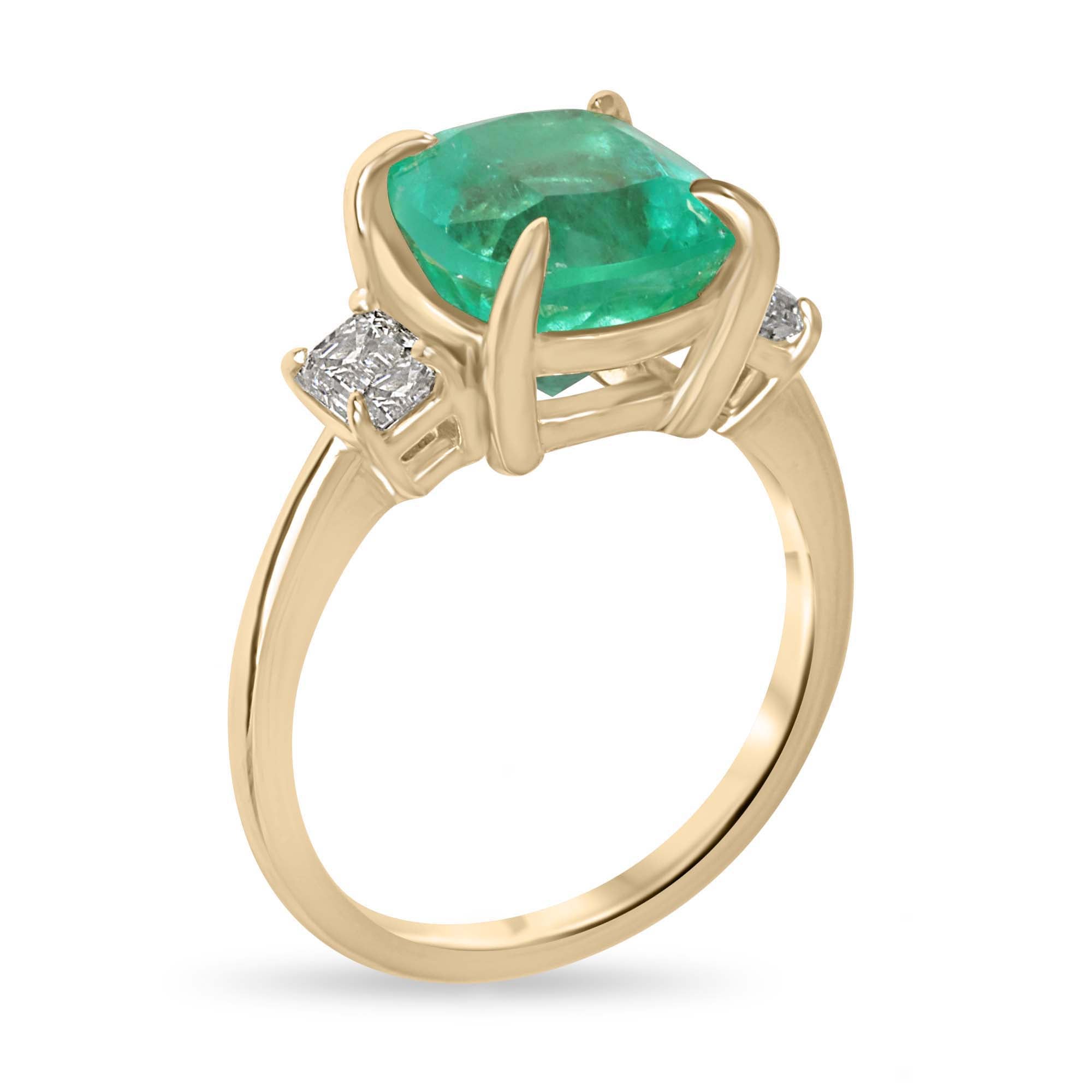 4.40tcw 14K Colombian Vivid Medium Green Cushion Cut Emerald & Emerald Cut Diamond Three Stone Ring - JR Colombian Emeralds