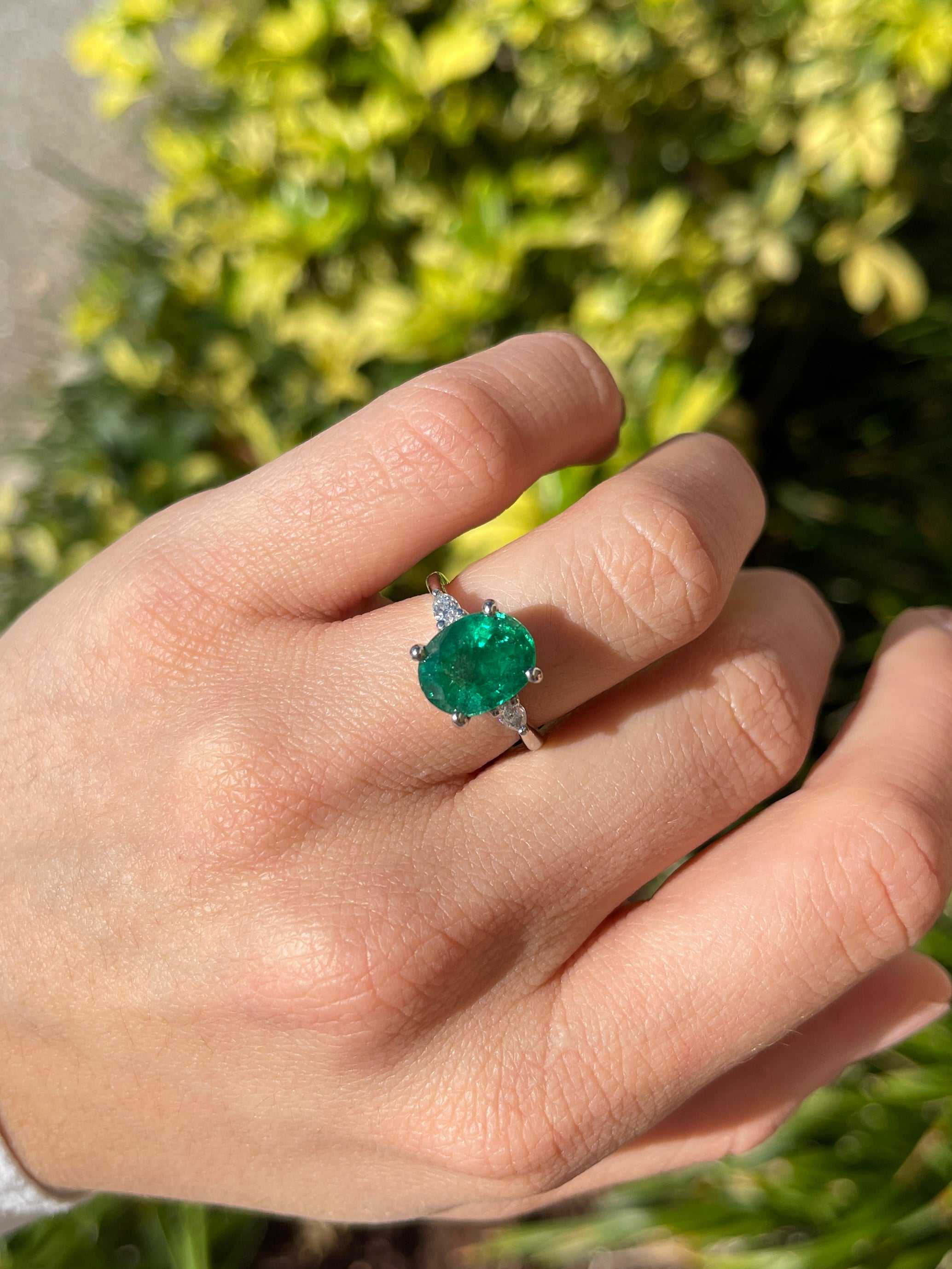 4.52tcw Vivid Green Natural Oval Emerald & Pear Diamond Three Stone White gold Ring - JR Colombian Emeralds