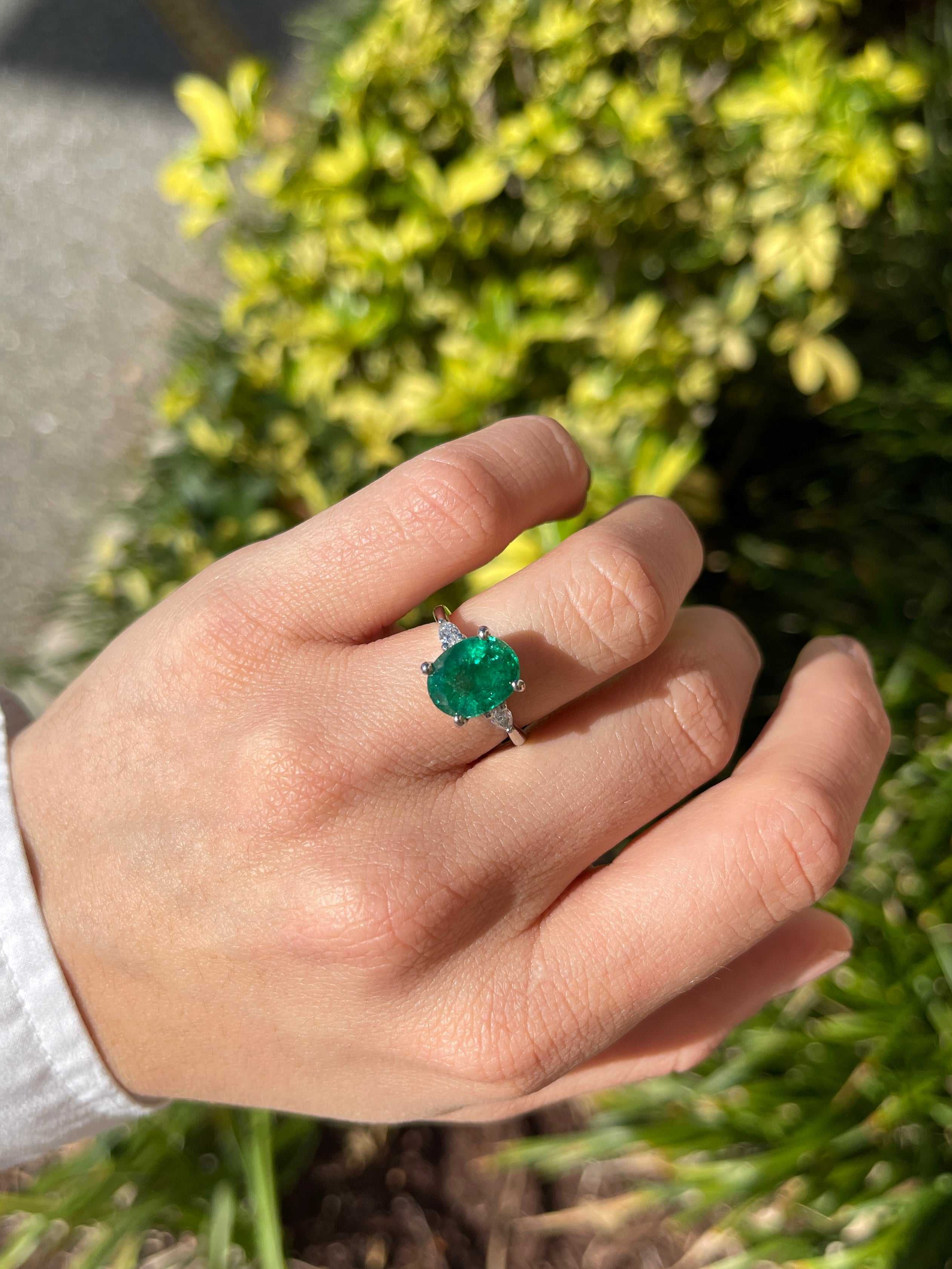 4.52tcw Vivid Green Natural Oval Emerald & Pear Diamond Three Stone White Gold Ring - JR Colombian Emeralds