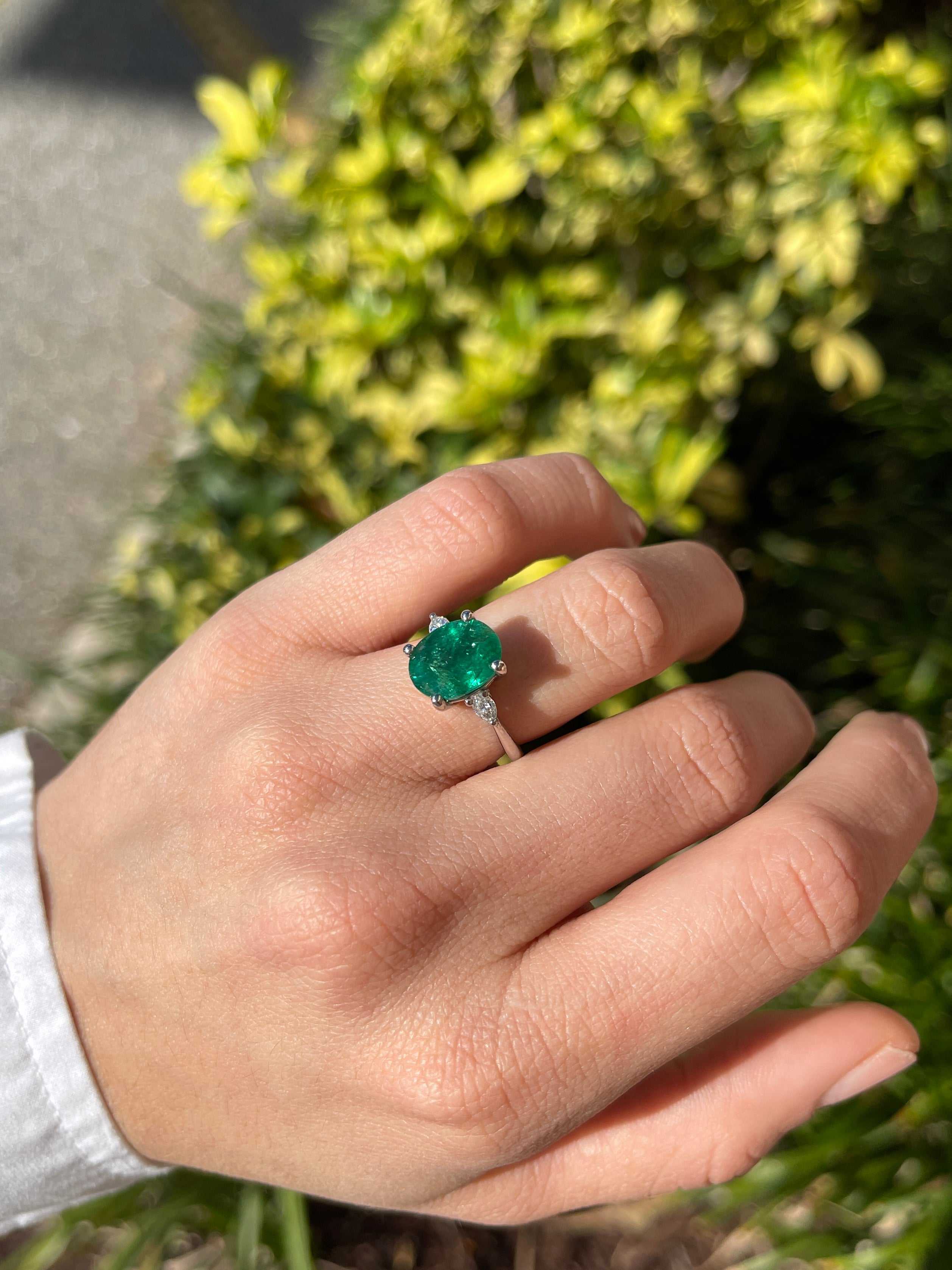 4.52tcw Vivid Green Natural Oval Emerald & Pear Diamond Three Stone White Gold Ring - JR Colombian Emeralds