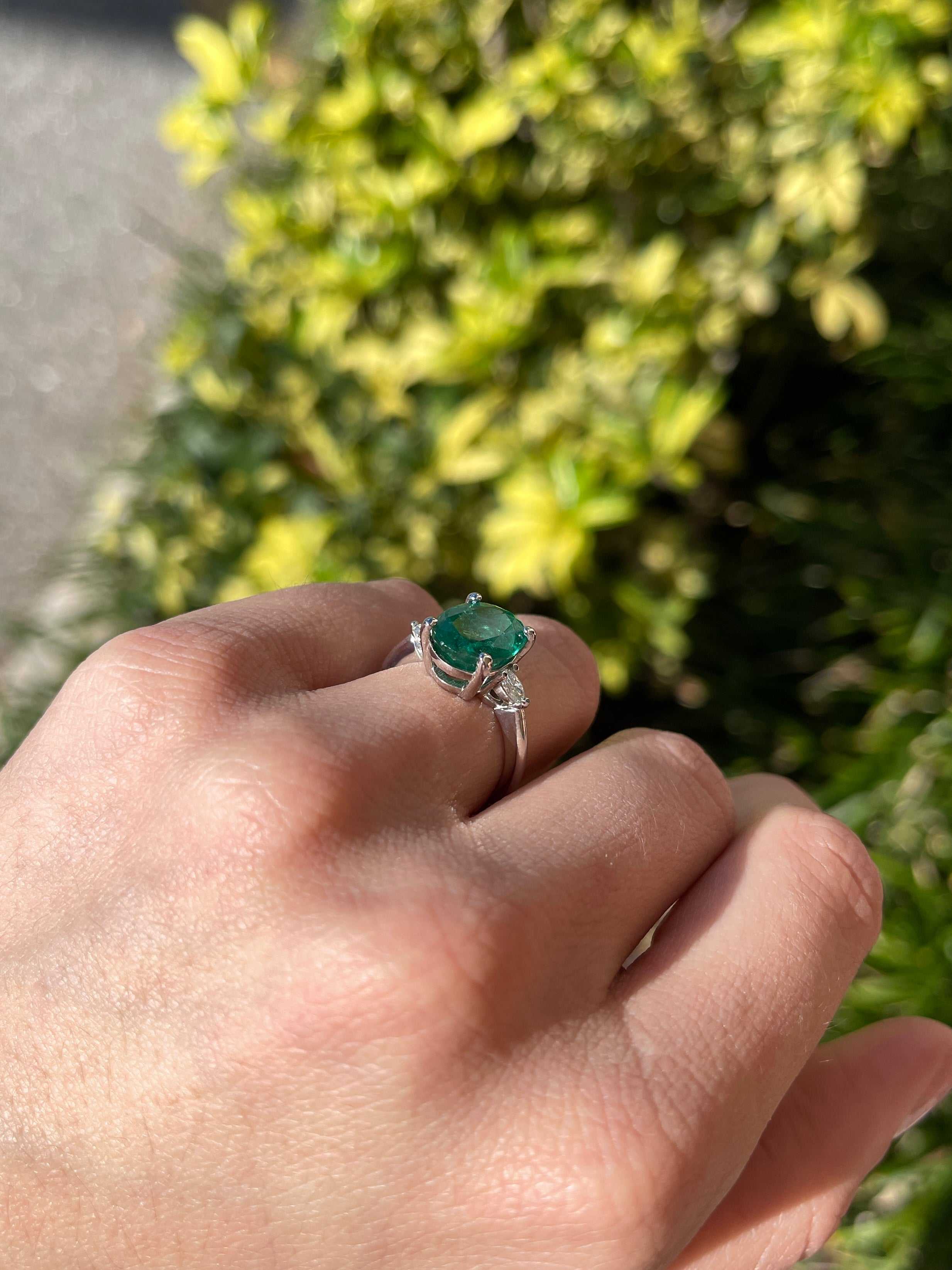 4.52tcw Vivid Green Natural Oval Emerald & Pear Diamond Three Stone White Gold Ring - JR Colombian Emeralds