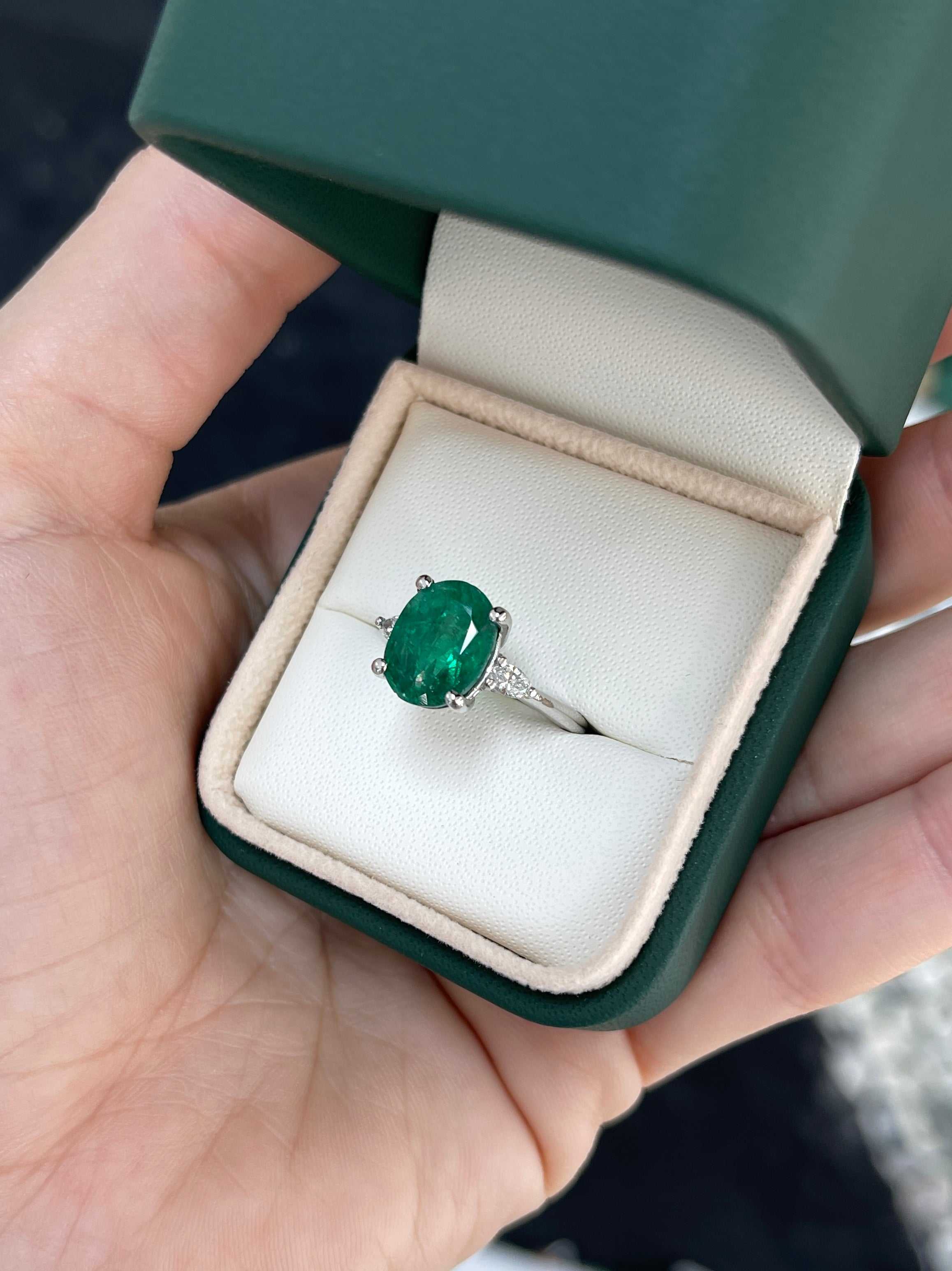 4.52tcw Vivid Green Natural Oval Emerald & Pear Diamond Three Stone White Gold Ring - JR Colombian Emeralds