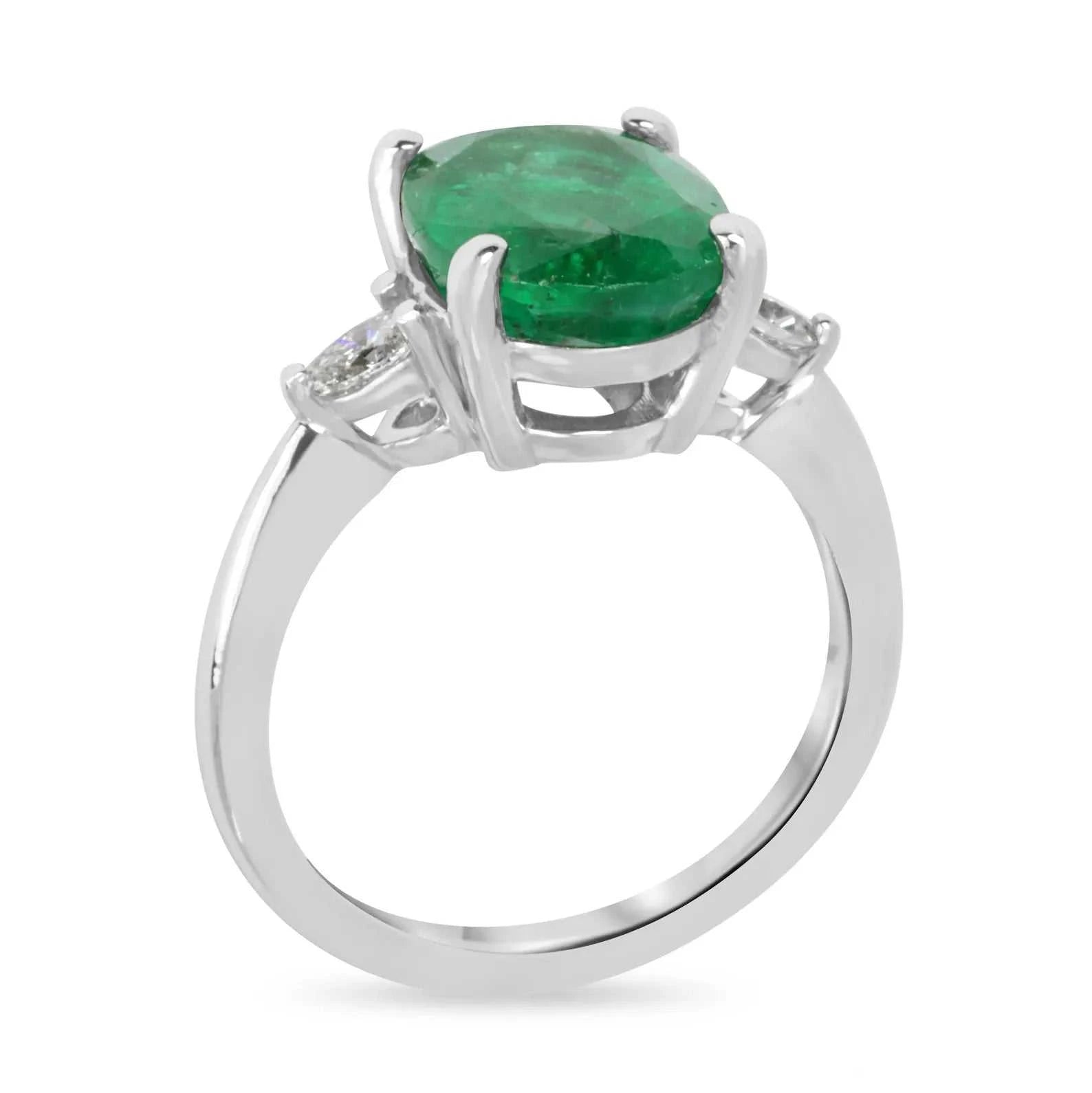 4.52tcw Vivid Green Natural Oval Emerald & Pear Diamond Three Stone gold Ring - JR Colombian Emeralds