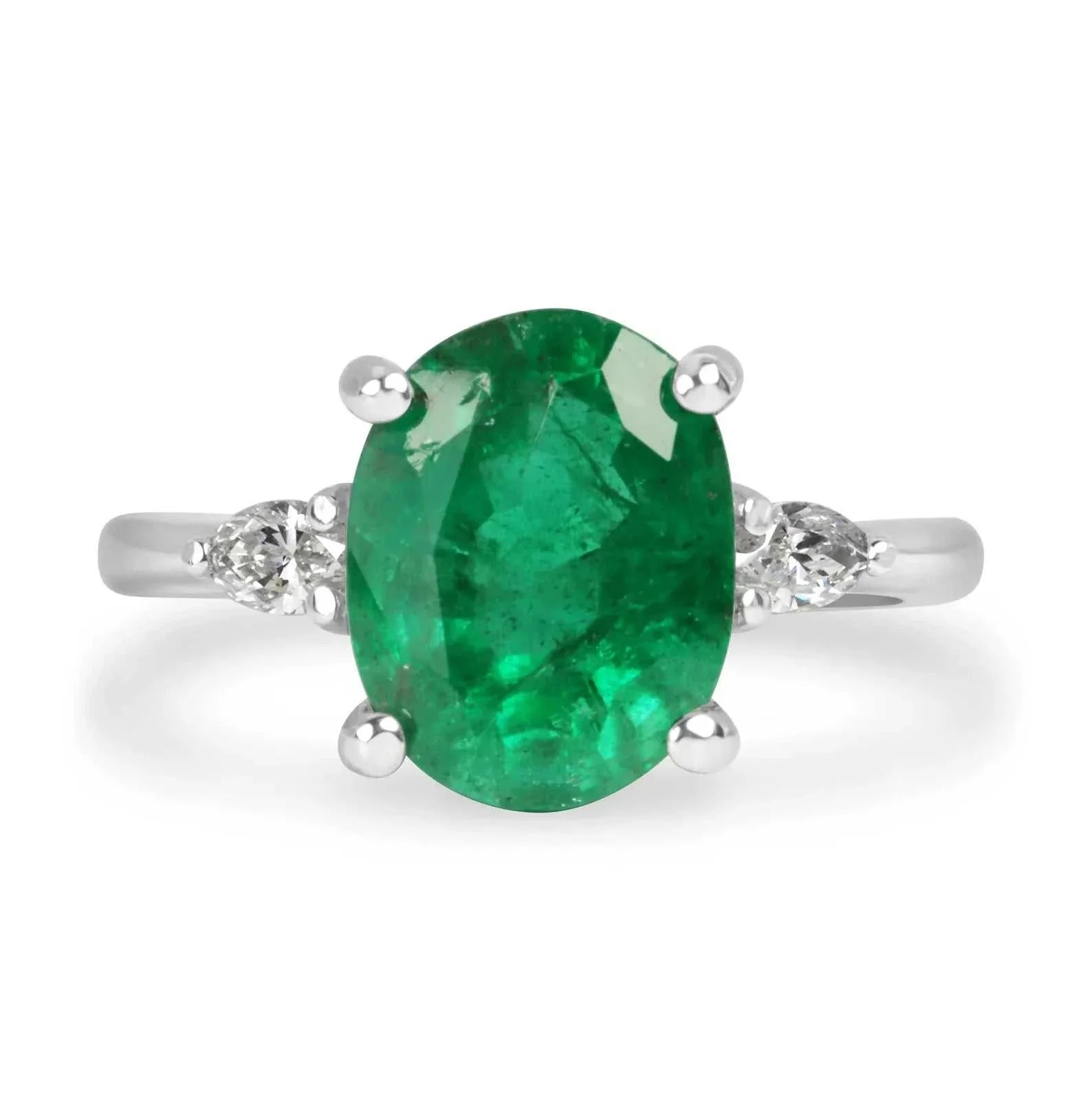 Vivid green natural oval emerald ring with pear-cut diamonds in 18k white gold setting