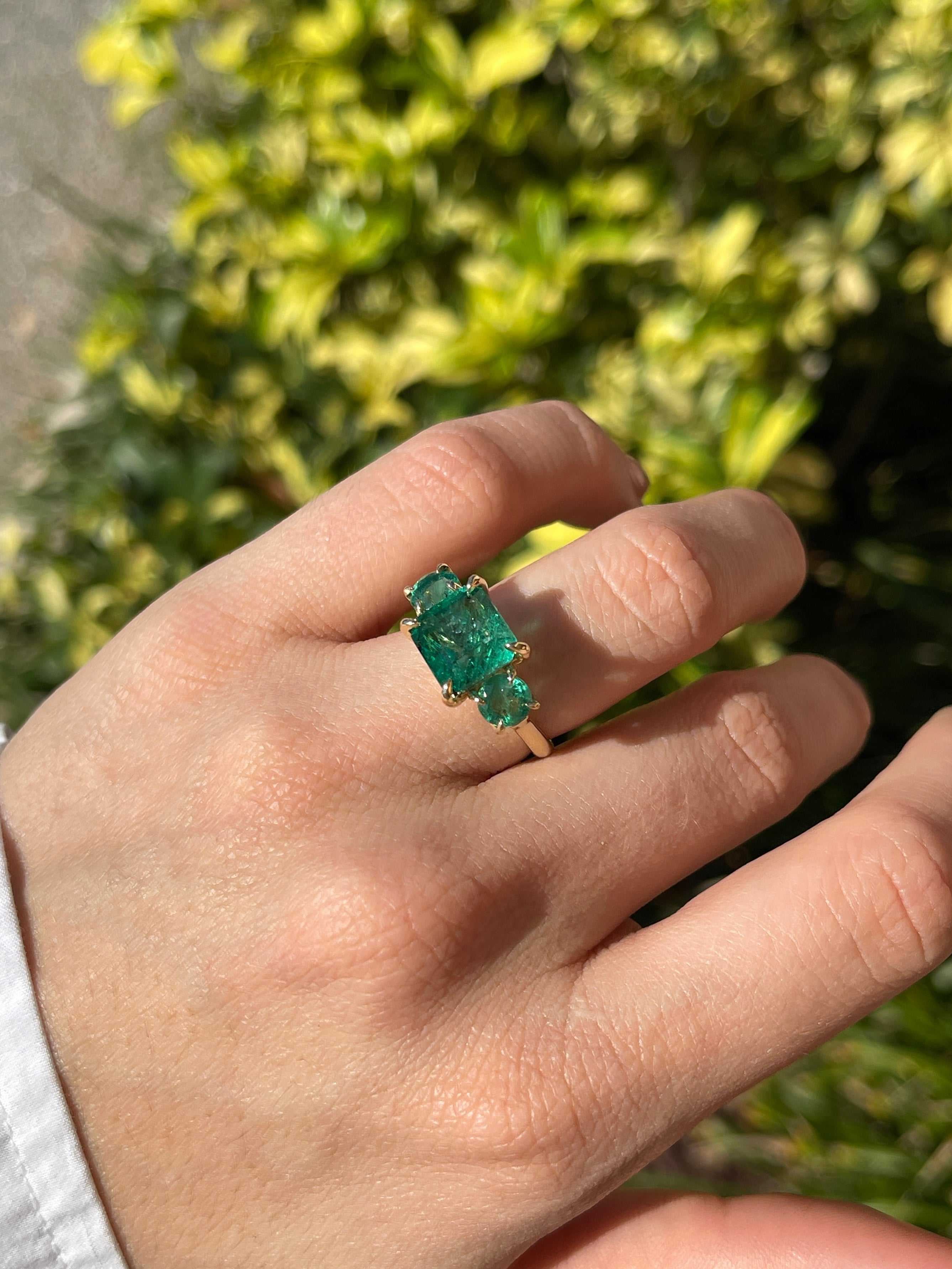 5.70tcw All Emerald Three Stone Ring 14K - JR Colombian Emeralds