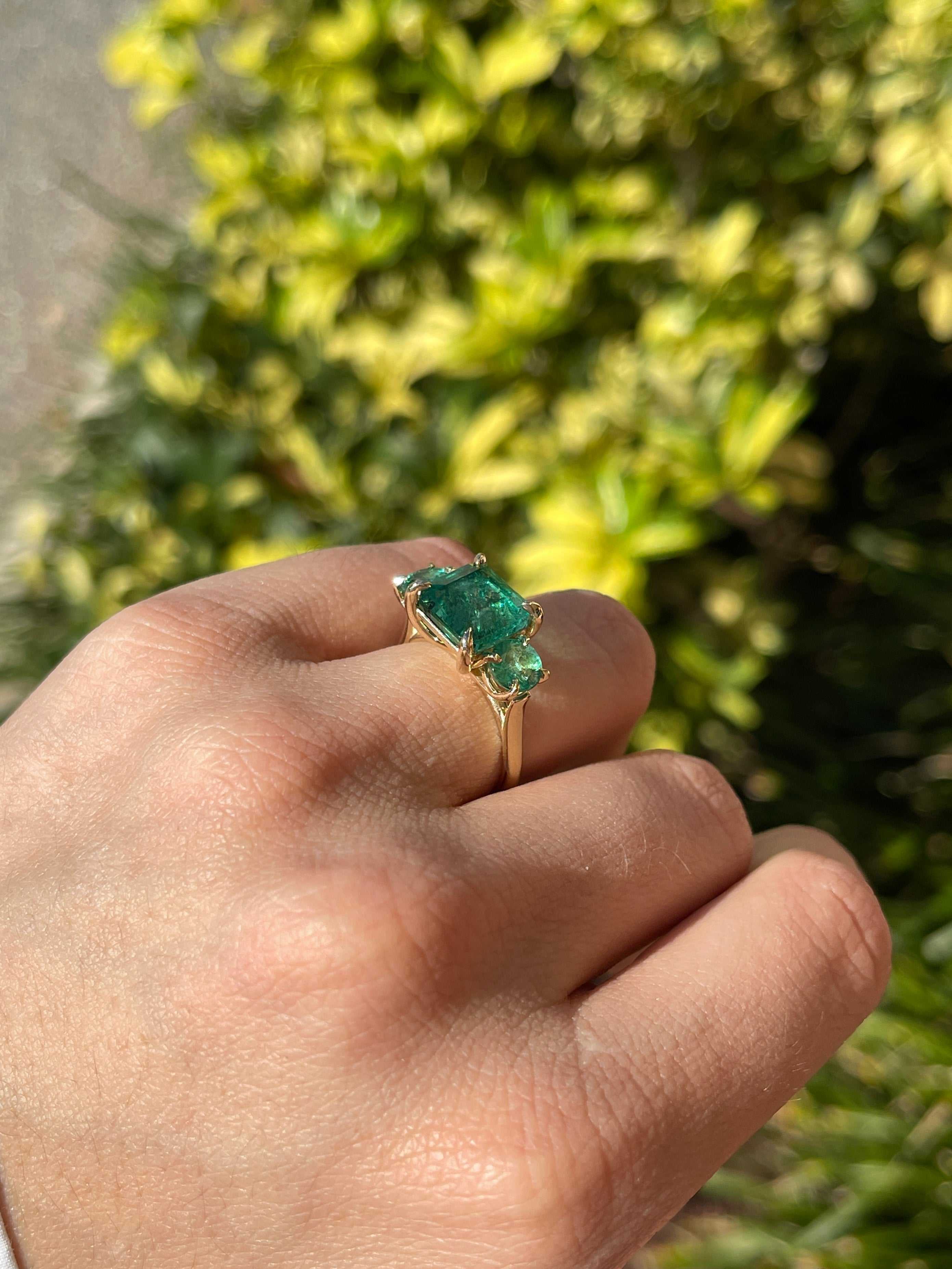 5.70tcw All Emerald Three Stone Ring 14K - JR Colombian Emeralds