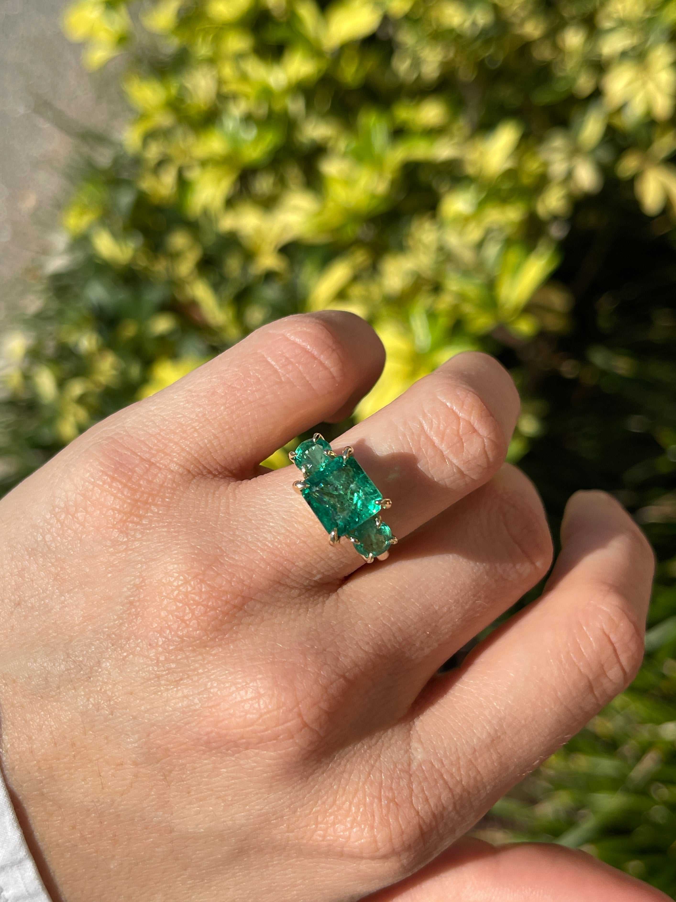 5.70tcw All Emerald Three Stone Ring 14K - JR Colombian Emeralds
