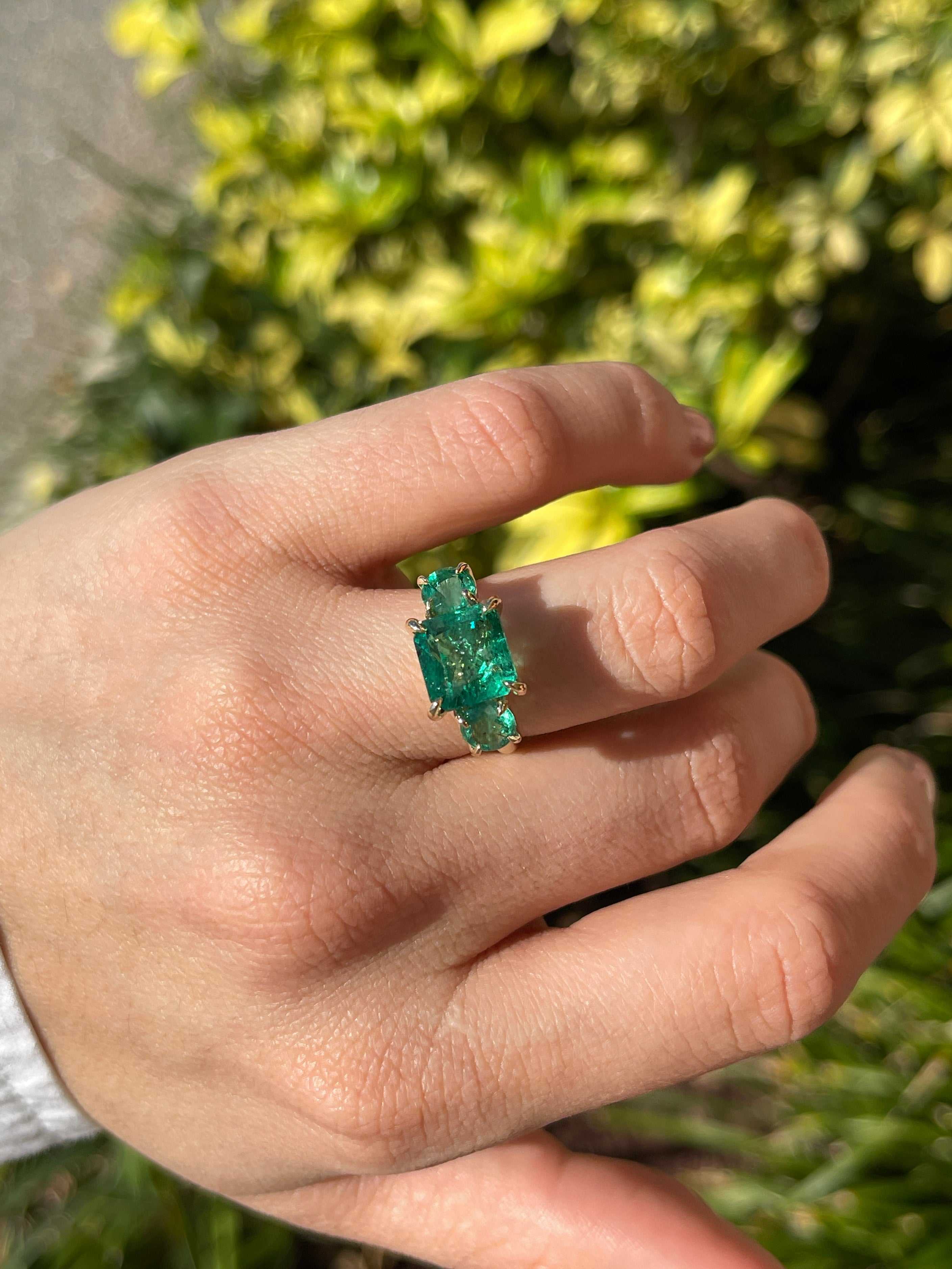 5.70tcw All Emerald Three Stone Ring 14K - JR Colombian Emeralds