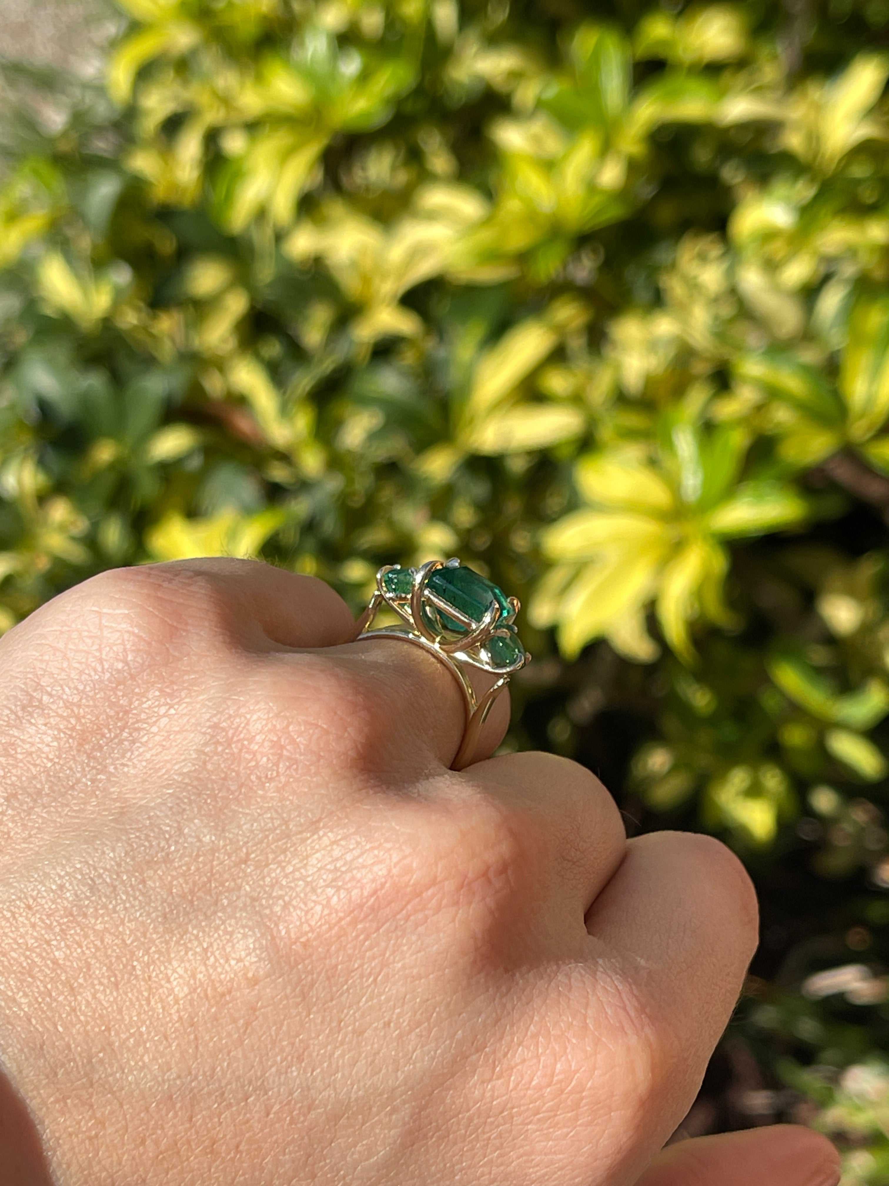 5.70tcw All Emerald Three Stone Ring 14K - JR Colombian Emeralds