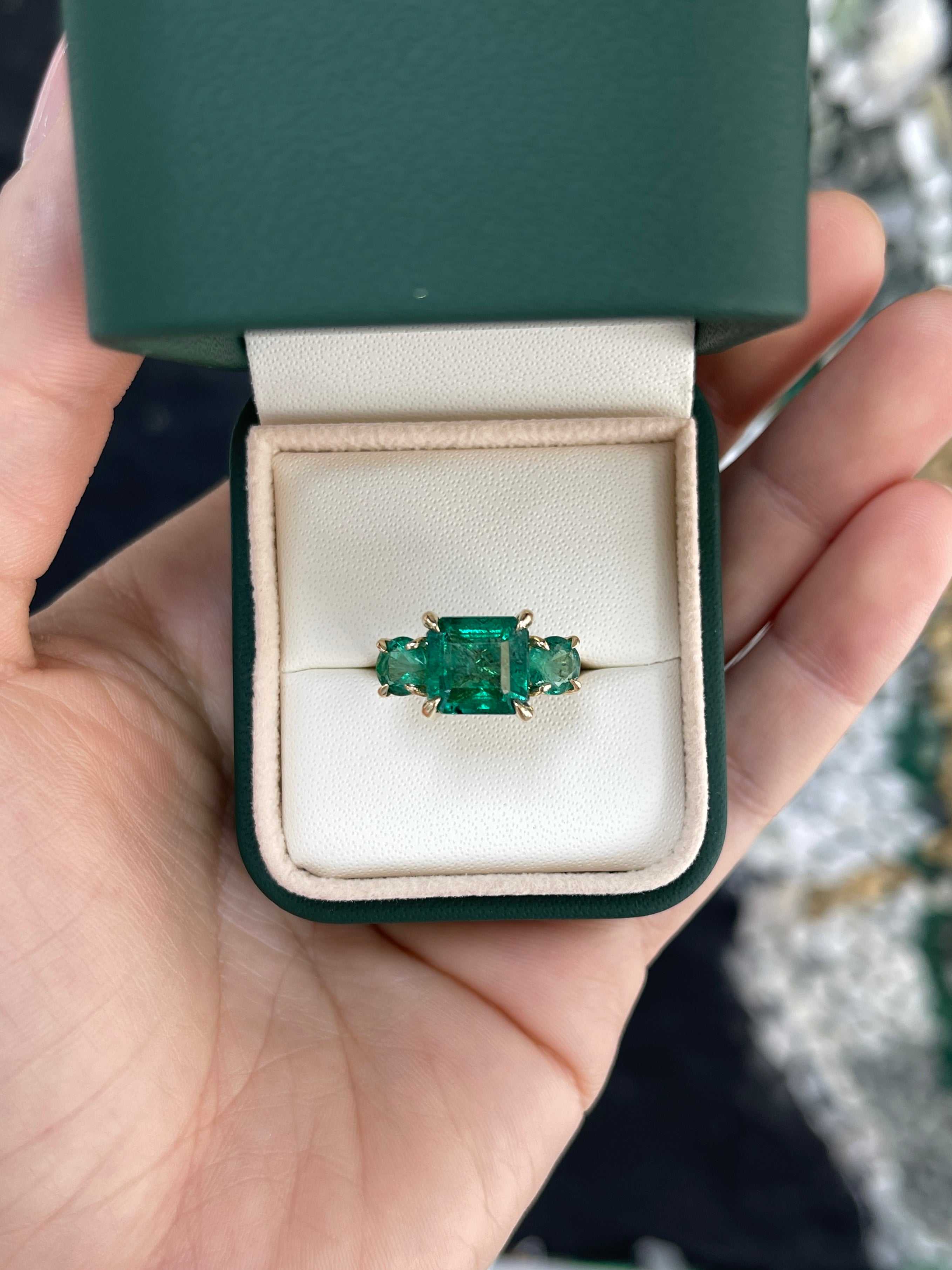 5.70tcw All Emerald Three Stone Ring 14K - JR Colombian Emeralds