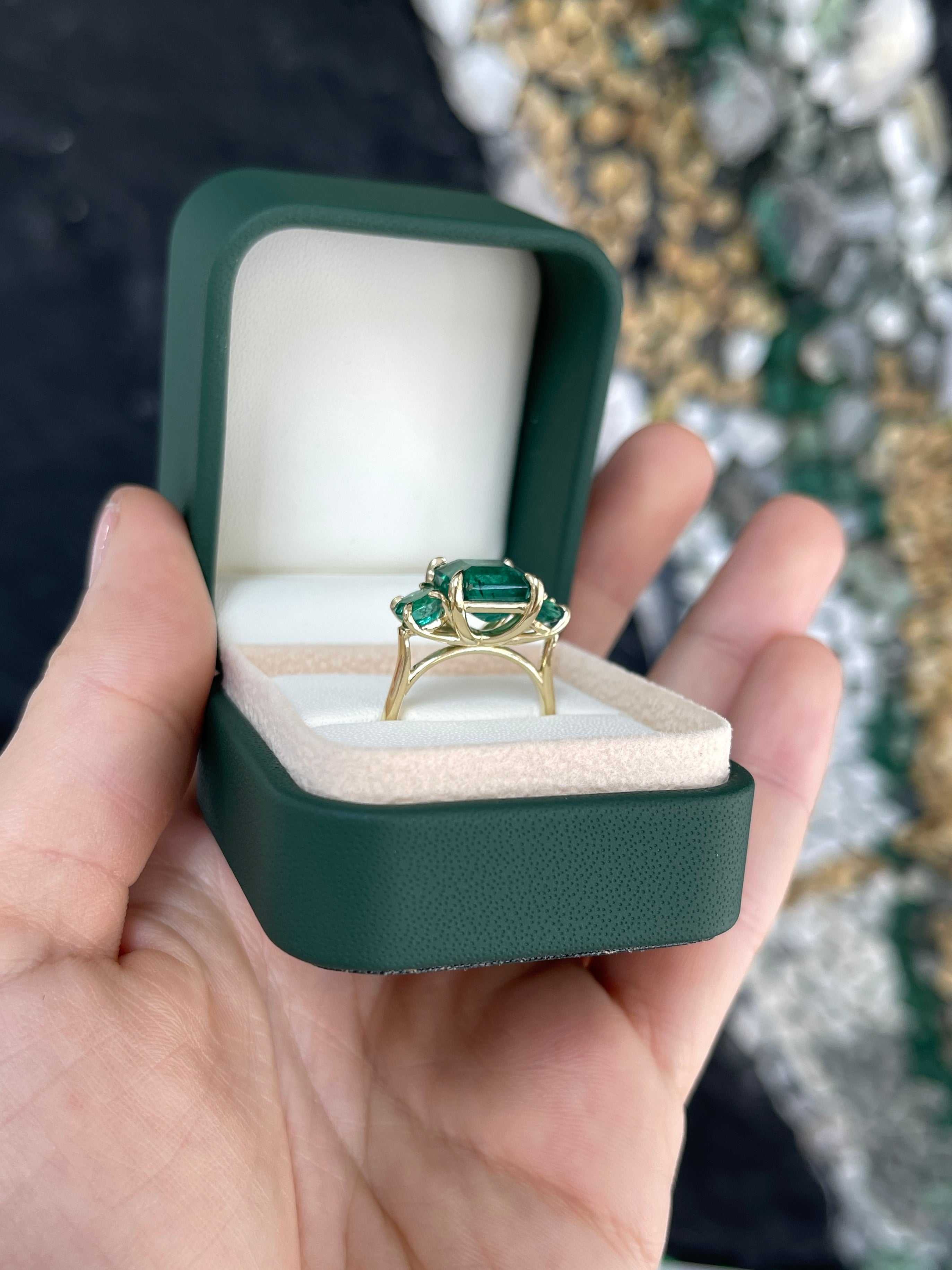 5.70tcw All Emerald Three Stone Ring 14K - JR Colombian Emeralds