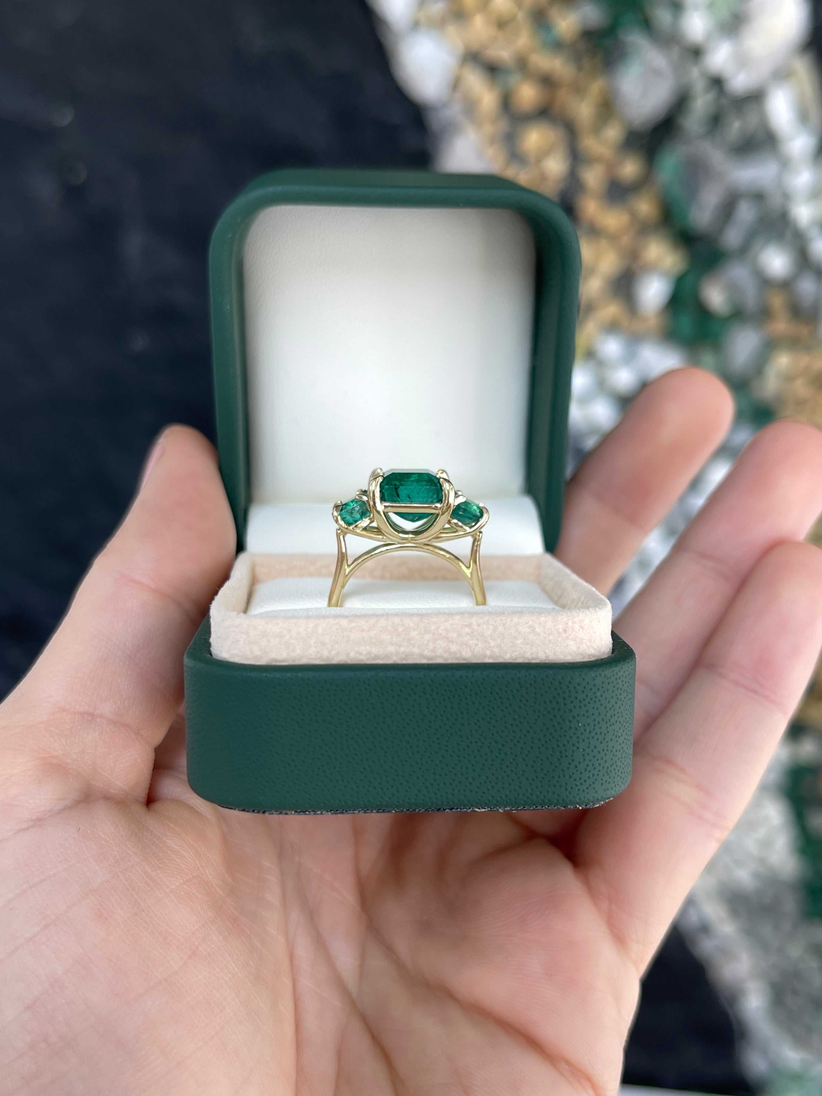 5.70tcw All Emerald Three Stone Ring 14K - JR Colombian Emeralds