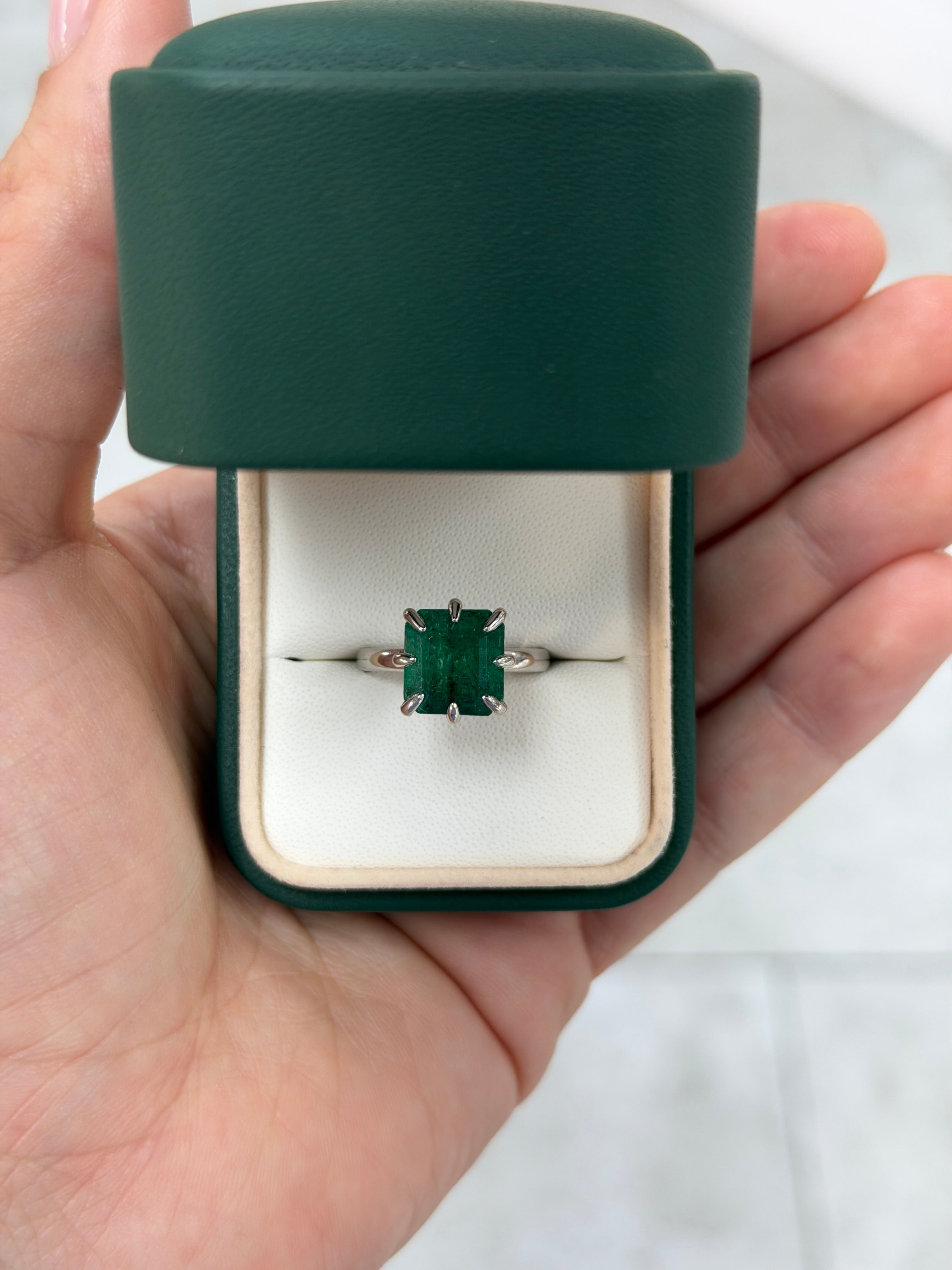 Asscher cut 5.84 carat solitaire ring in 14K white gold with multi prong setting by JR Colombian Emeralds.