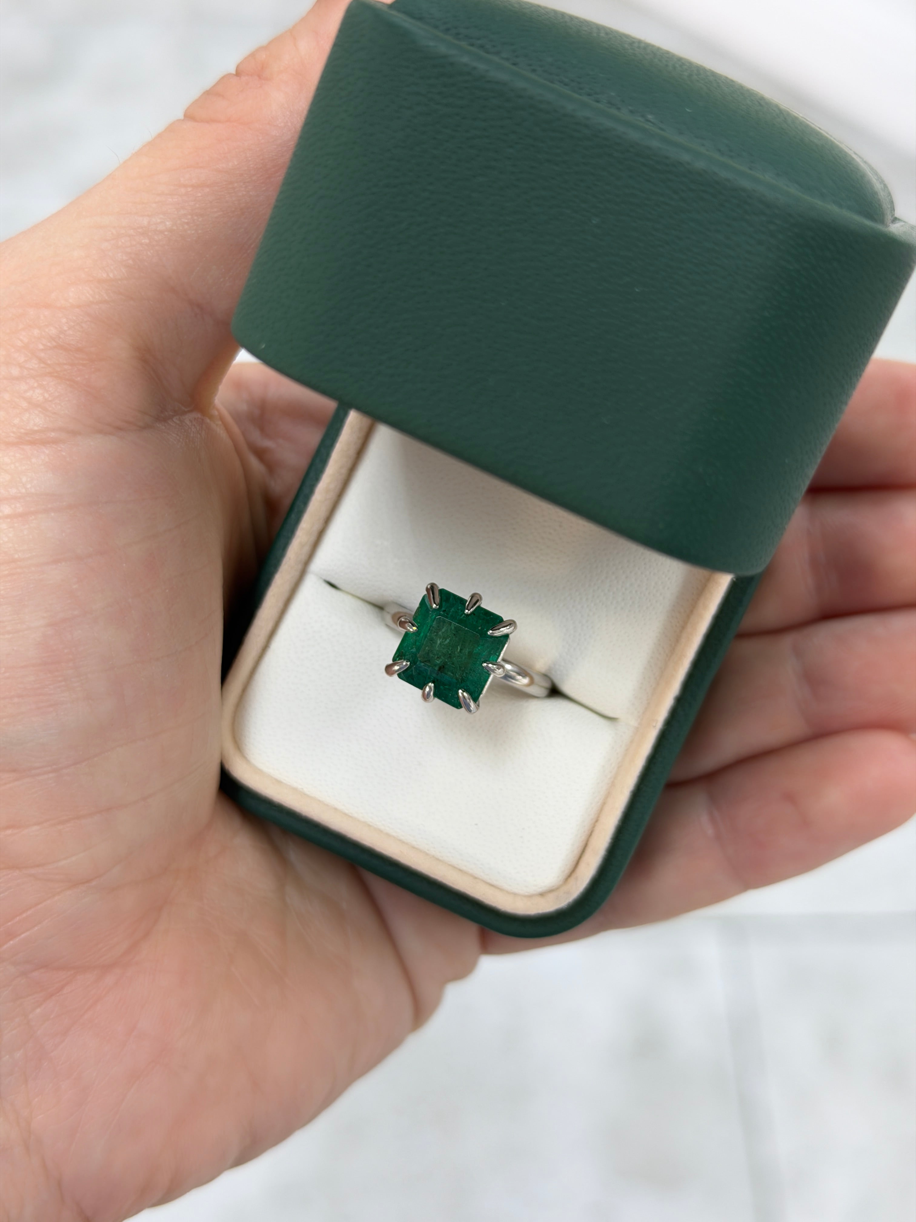 Asscher cut 5.84 carat diamond solitaire ring in 14K white gold, featuring multi prong setting by JR Colombian Emeralds.