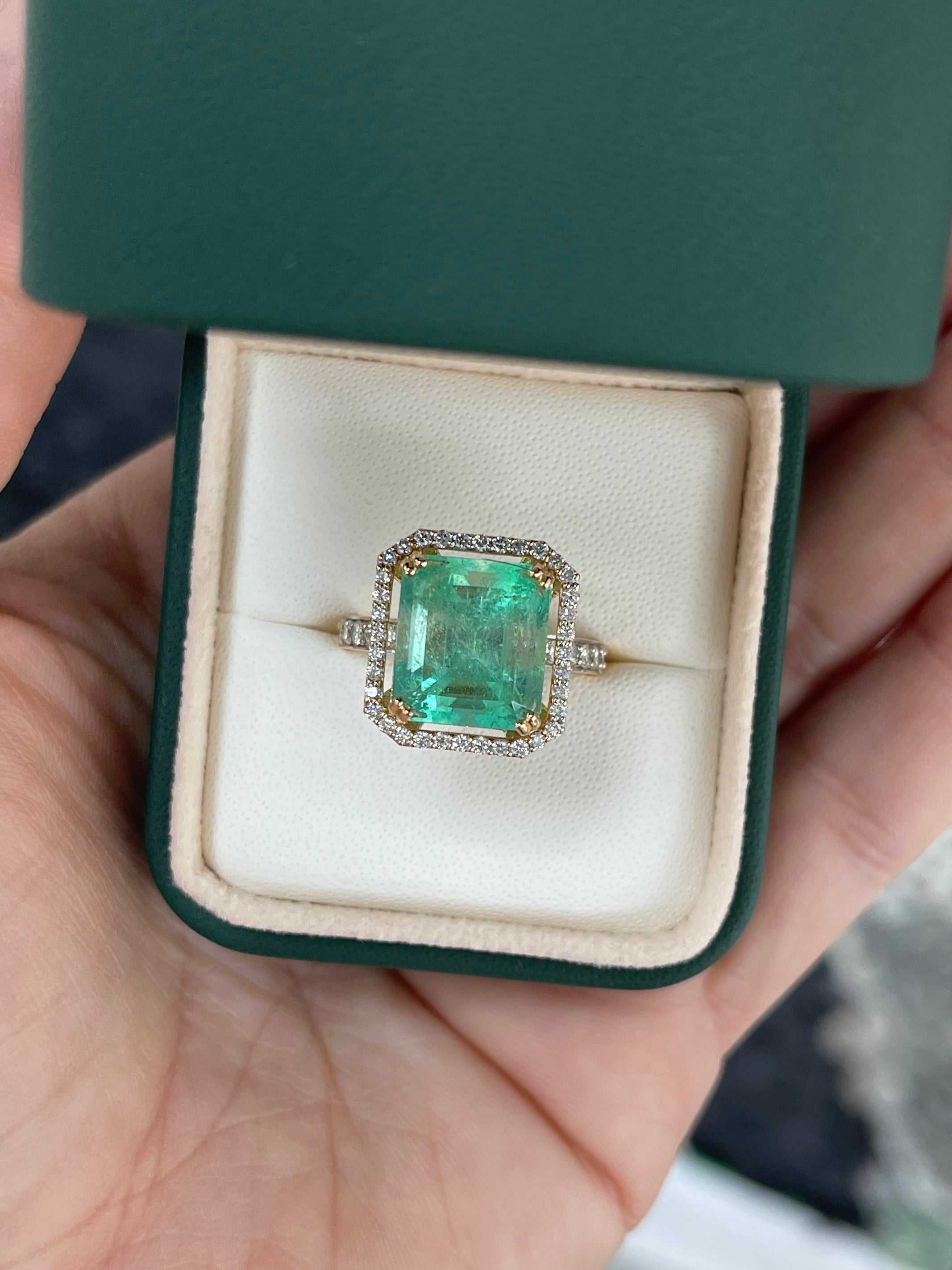 Natural Colombian emerald Asscher cut engagement ring with diamond halo, 7.82tcw, set in 18K gold, by JR Colombian Emeralds.