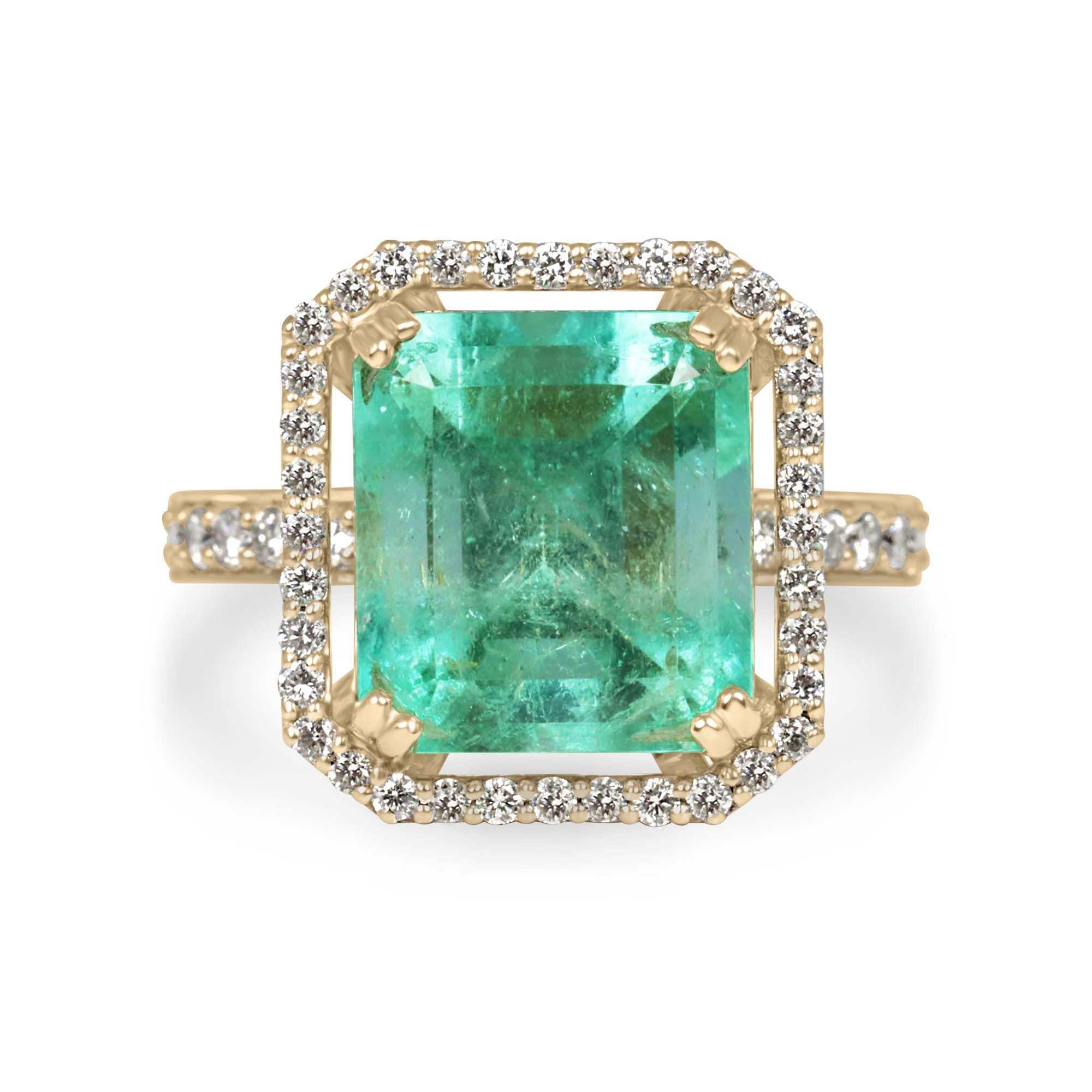 7.82tcw Colombian emerald Asscher cut ring with diamond halo set in 18K yellow gold