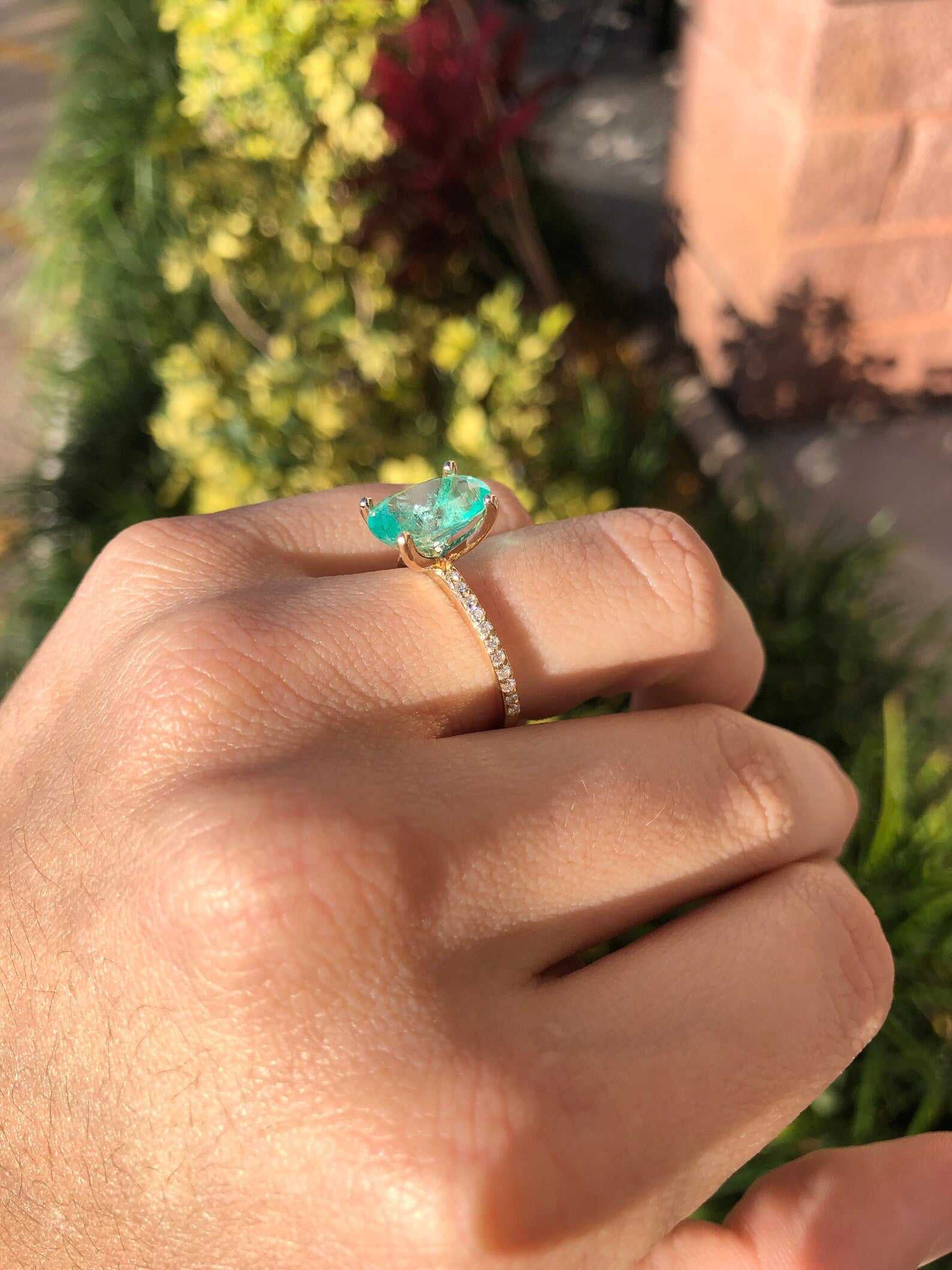 3.10tcw Oval Colombian Emerald & Diamond Accent Shank Engagement Ring 14K