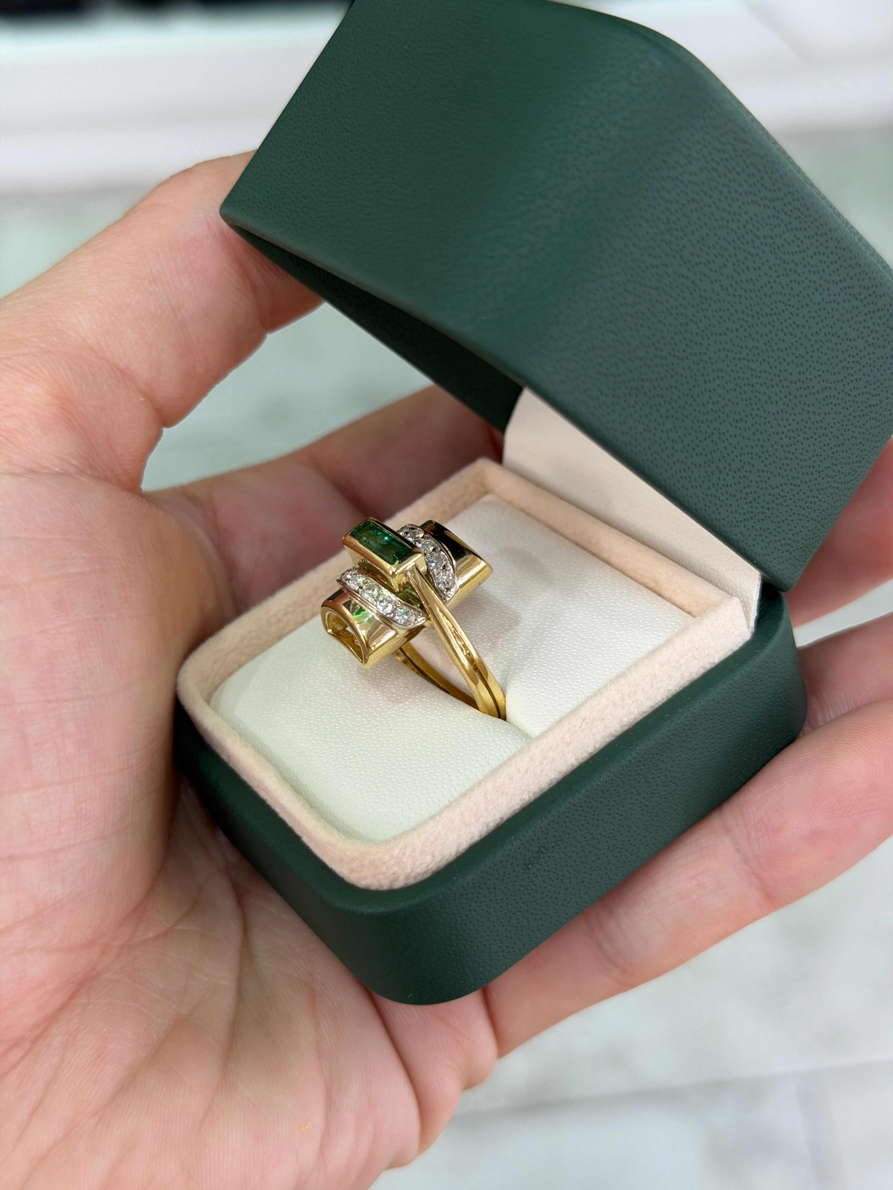 1.66tcw 18K Vintage Colombian Emerald Baguette & Diamond Accent Two Toned Statement Ring