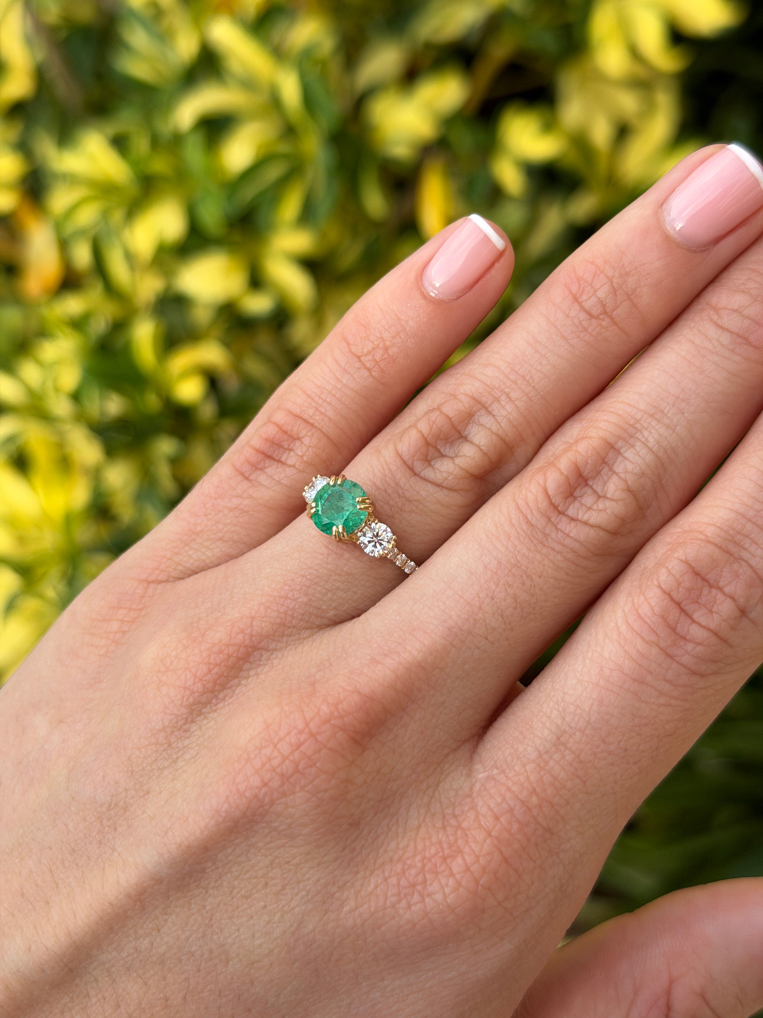 14K gold engagement ring with 2.60tcw round emerald and lab diamond accents, three-stone design by JR Colombian Emeralds