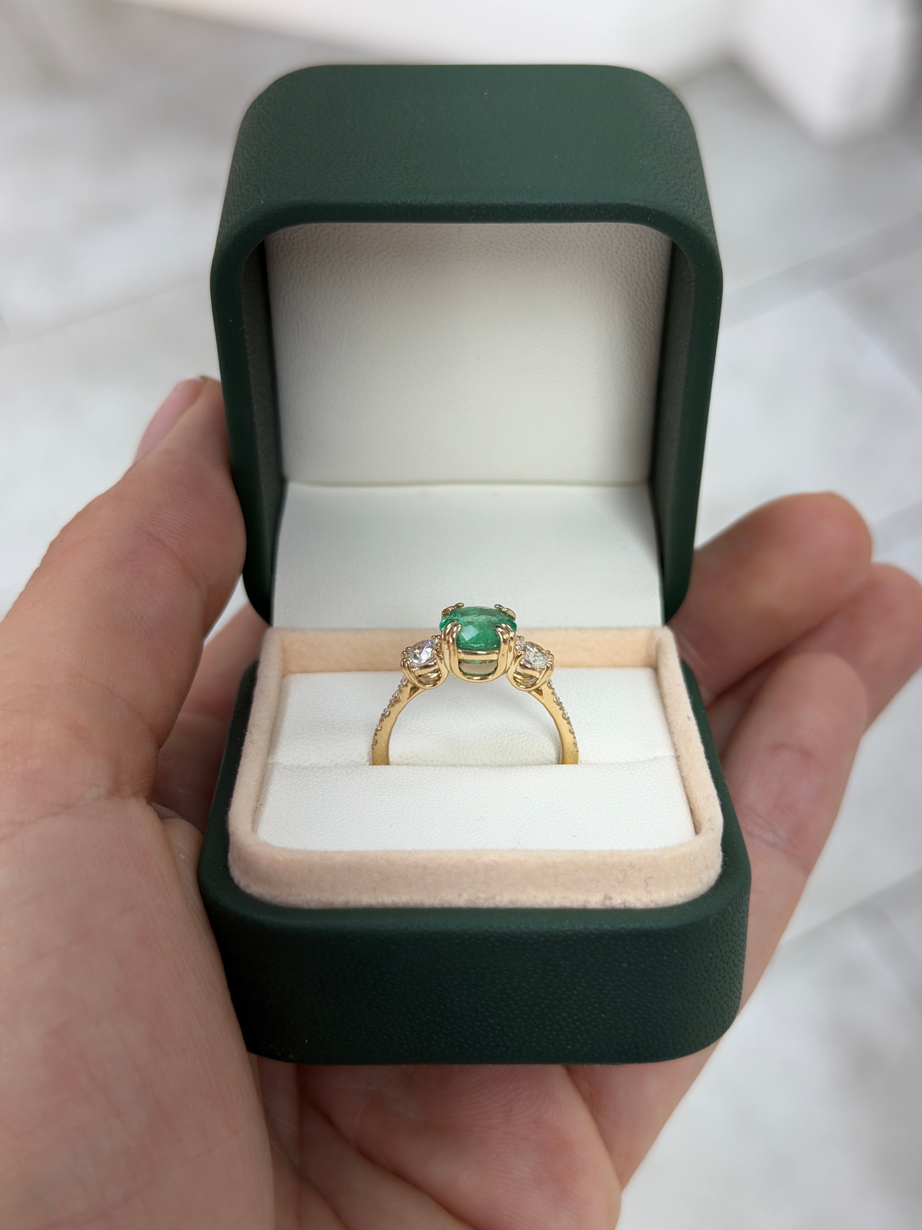2.60tcw 14K Natural Round Emerald & LAB Diamond Three Stone with Accent Engagement Ring