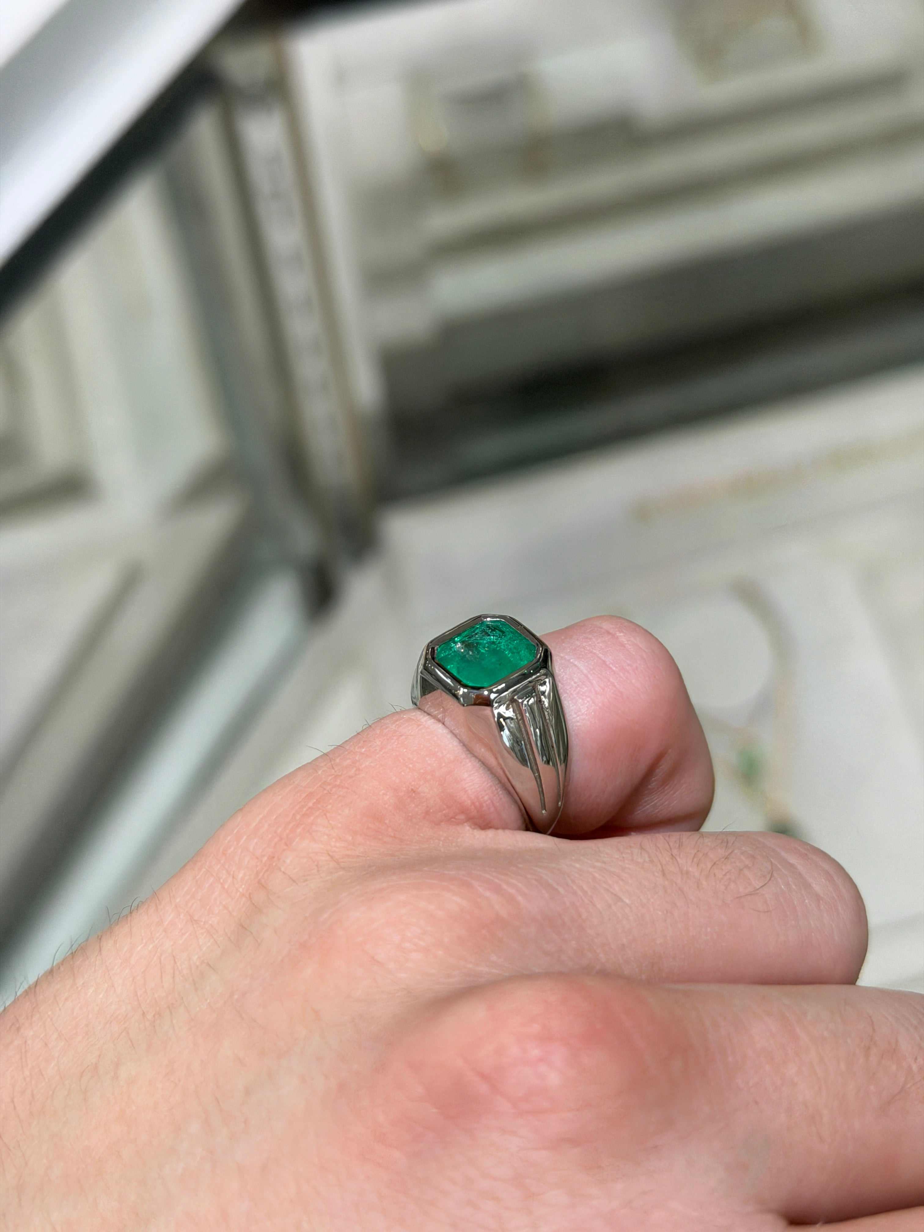 3.25ct Asscher Cut Colombian Emerald Solitaire Pinky Signet Ring 14K White Gold