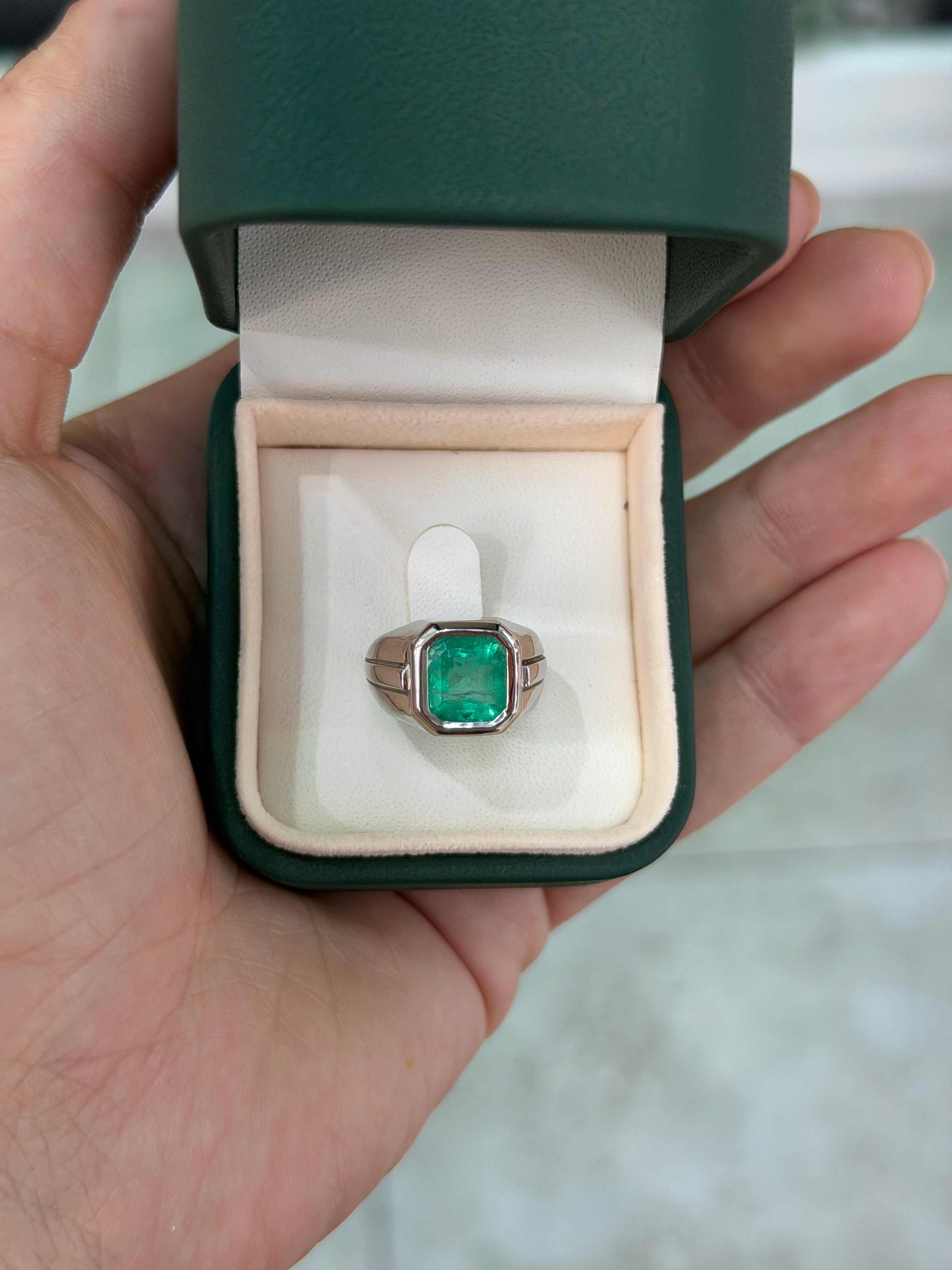 3.25ct Asscher Cut Colombian Emerald Solitaire Pinky Signet Ring 14K White Gold