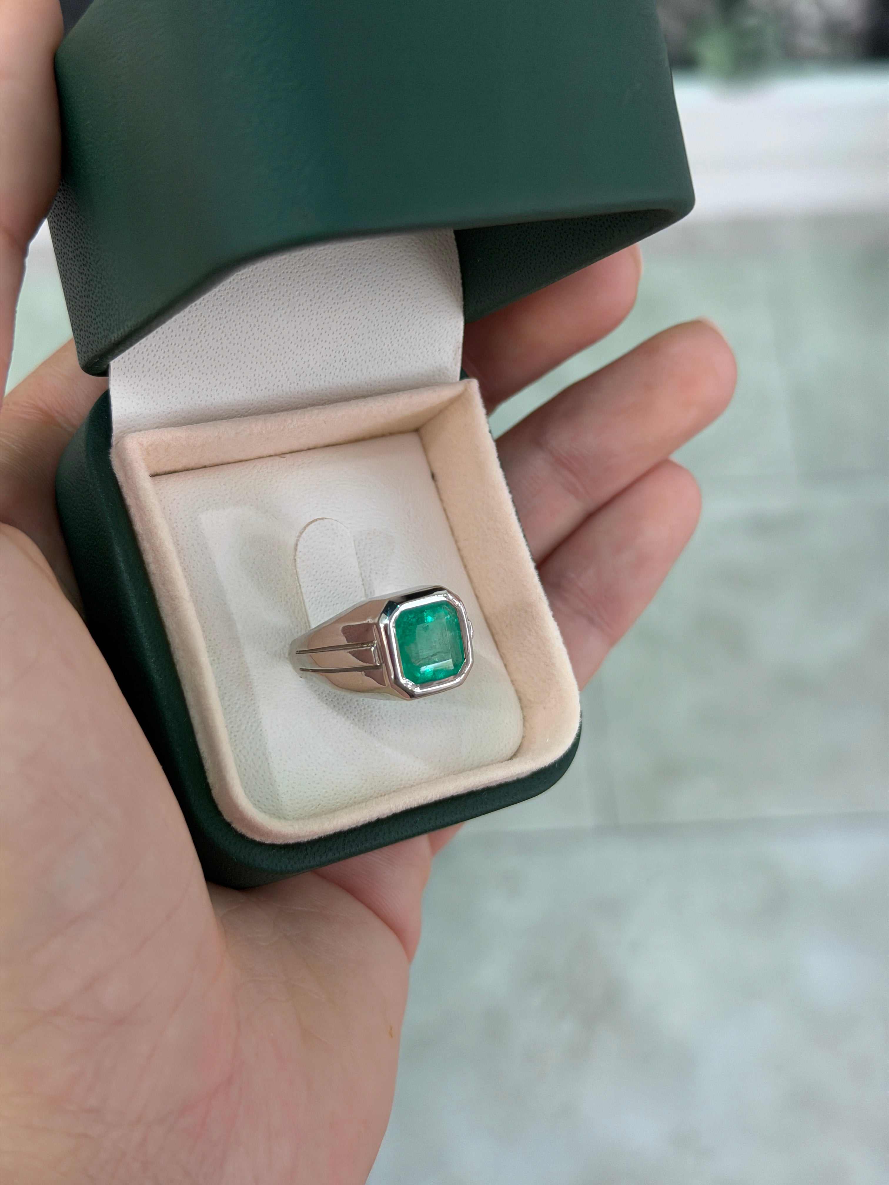 3.25ct Asscher Cut Colombian Emerald Solitaire Pinky Signet Ring 14K White Gold