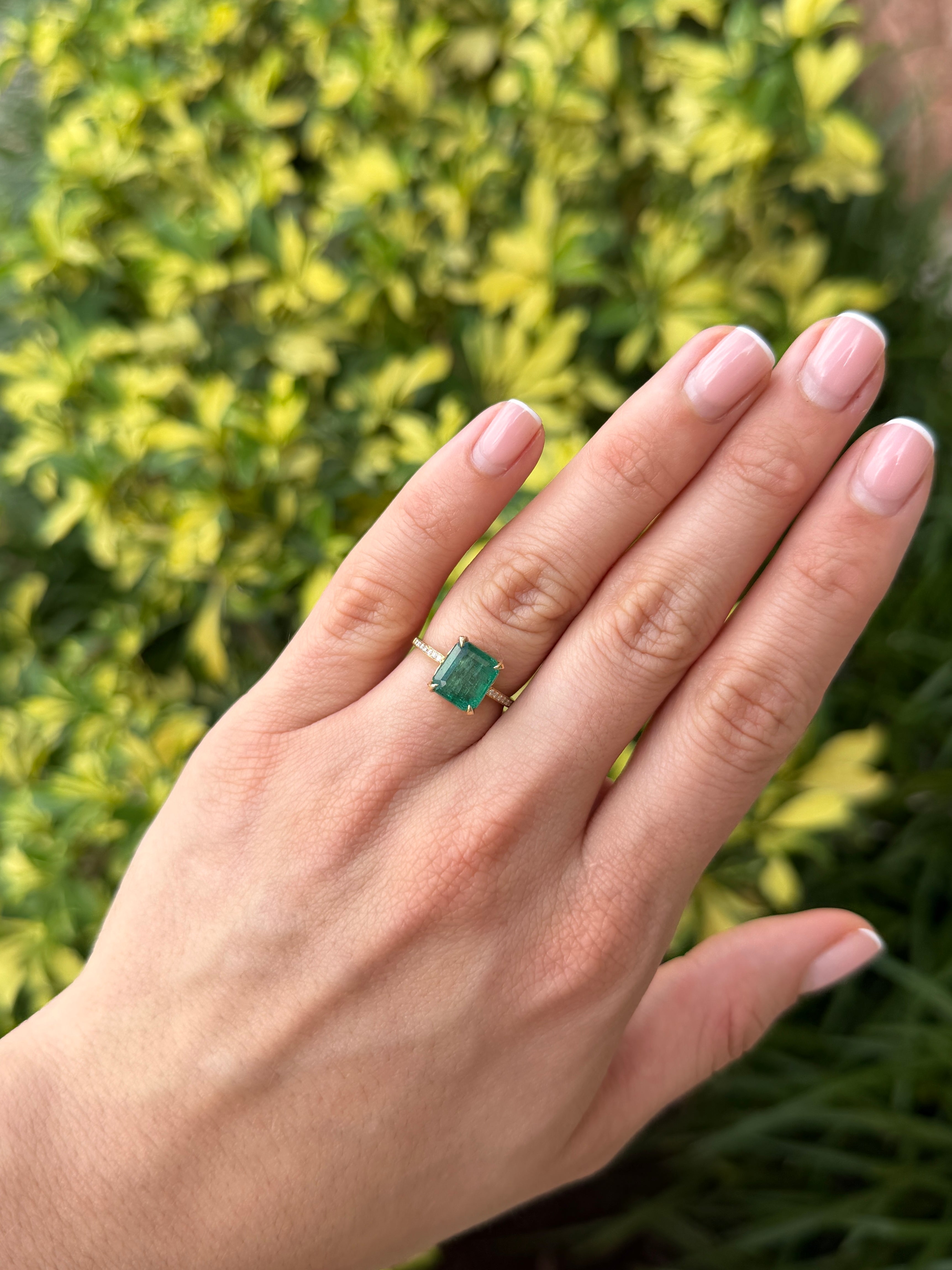 14K gold engagement ring featuring a 3.50tcw natural emerald center stone with a hidden diamond halo and shank by JR Colombian Emeralds
