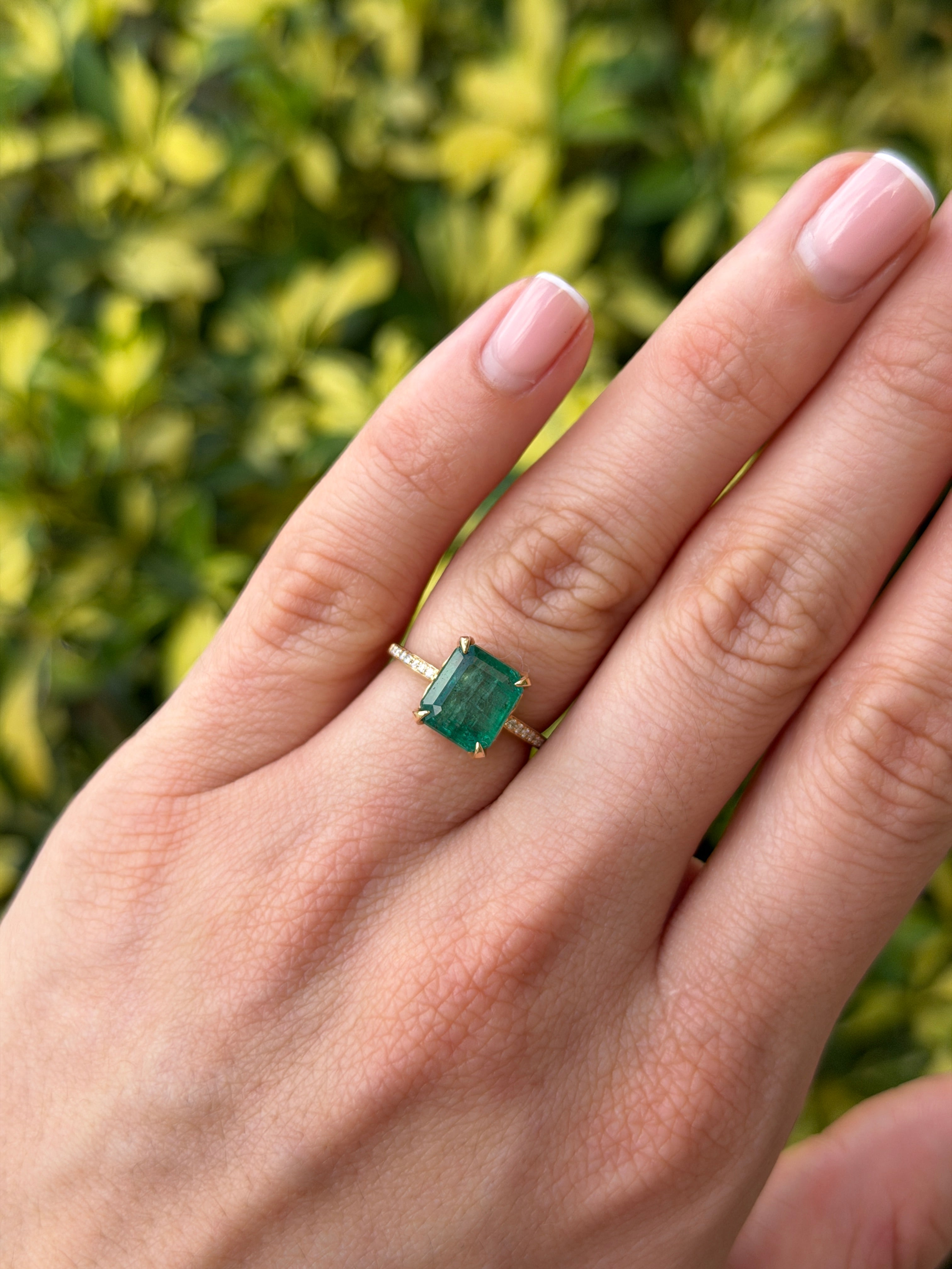 14K gold engagement ring featuring a 3.50tcw natural emerald center stone with hidden diamond halo and shank, by JR Colombian Emeralds