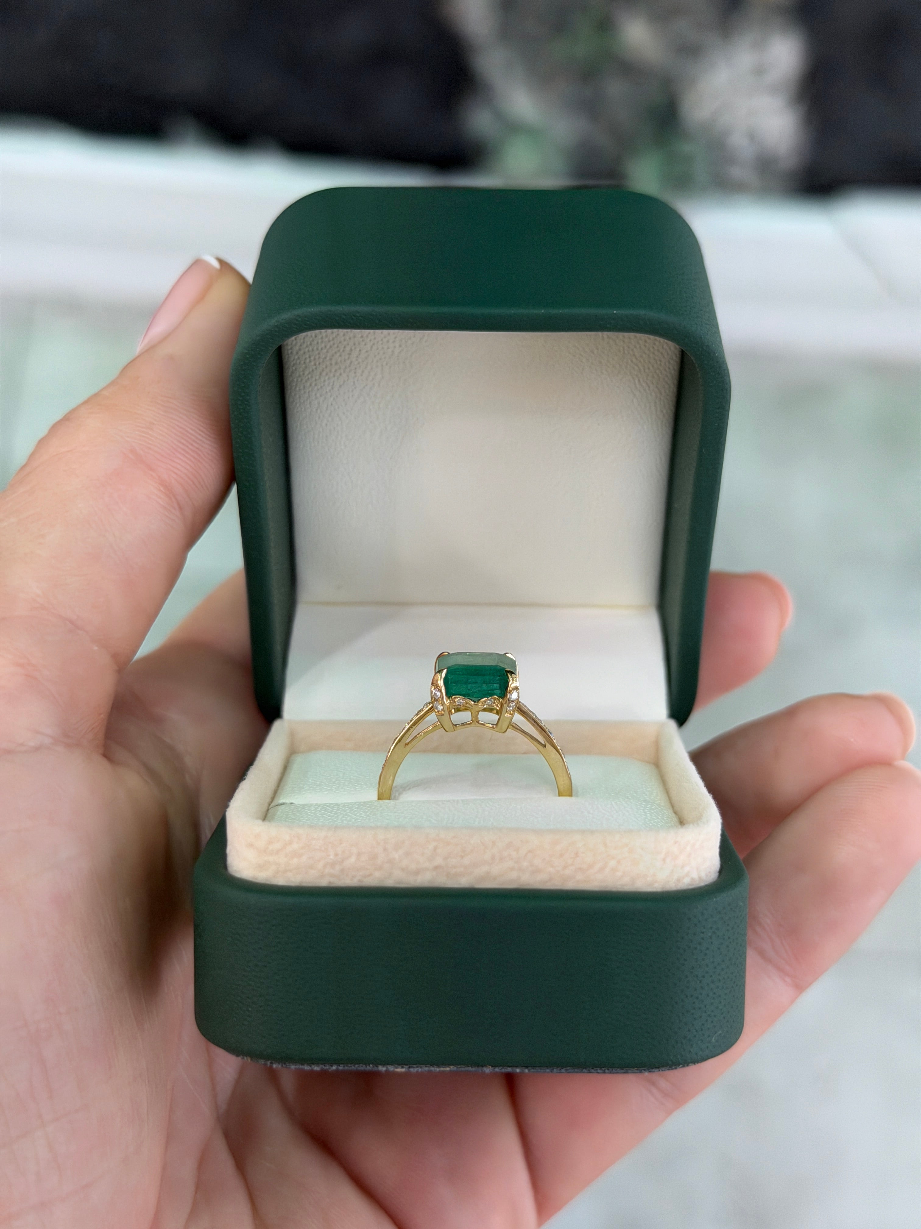 14K gold engagement ring featuring a 3.50ctw natural emerald center stone with hidden diamond halo and shank design by JR Colombian Emeralds